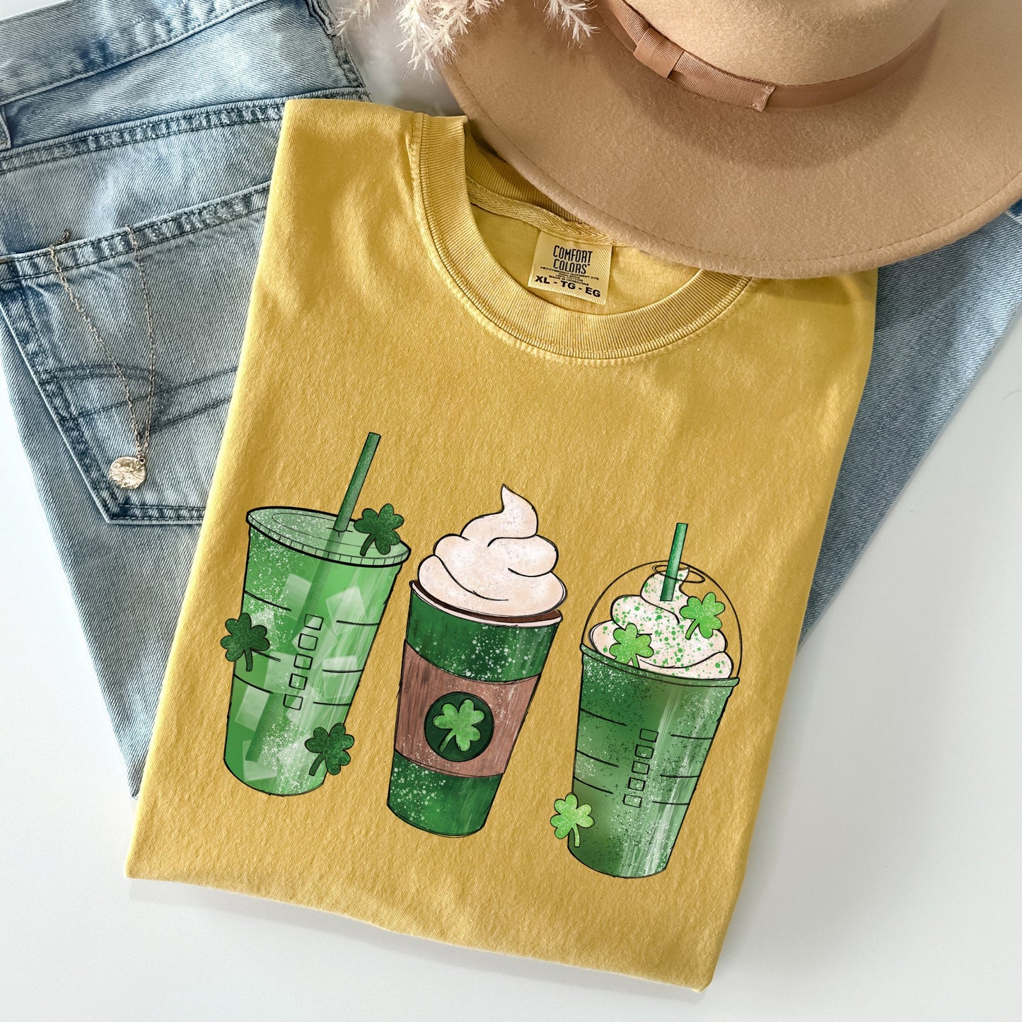 Iced Coffees, Drinks, Shamrocks, St Patrick's Day Comfort Colors Tshirt
