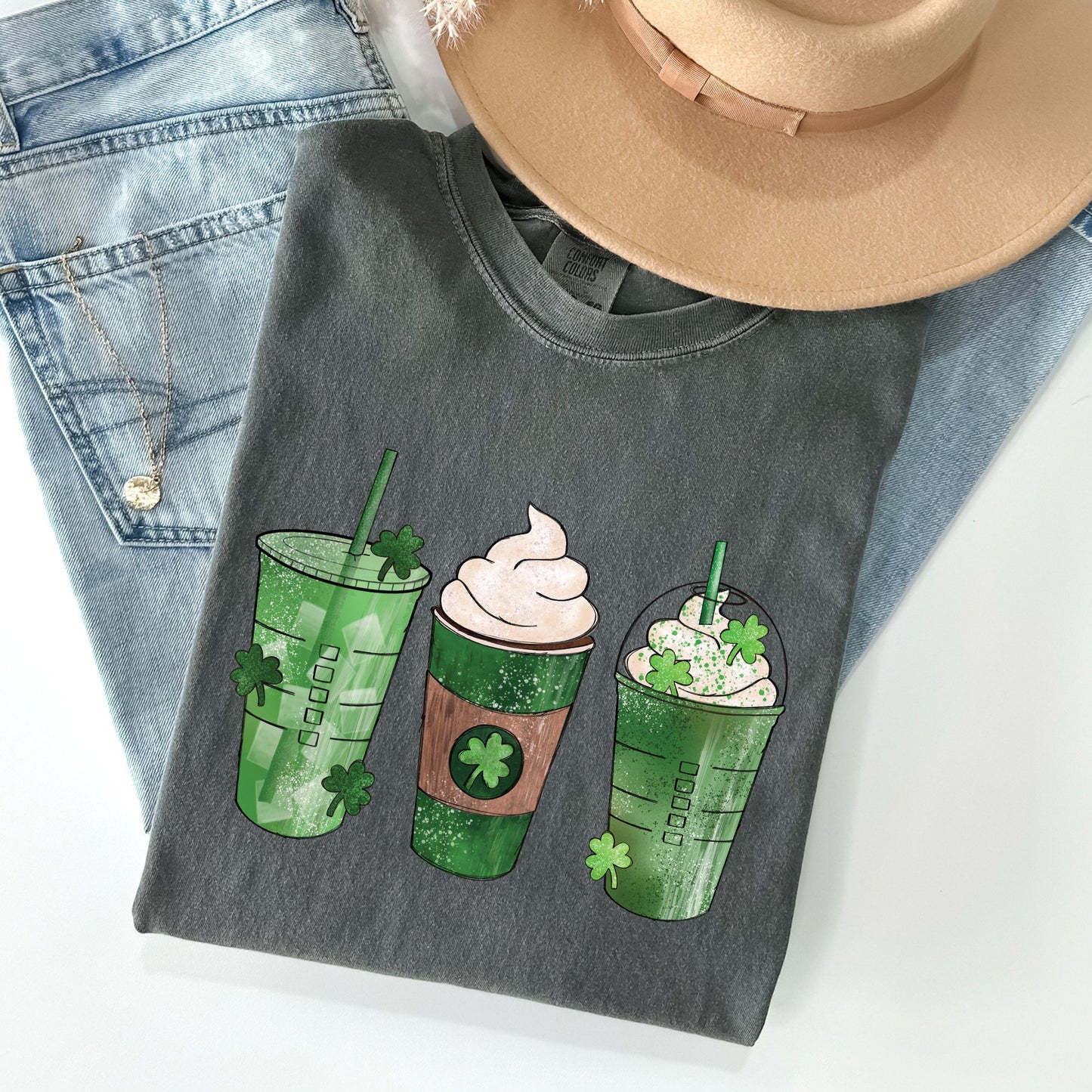 Iced Coffees, Drinks, Shamrocks, St Patrick's Day Comfort Colors Tshirt