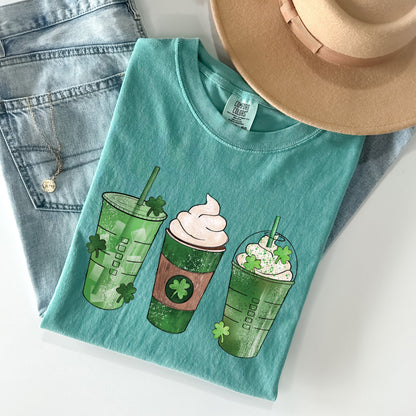 Iced Coffees, Drinks, Shamrocks, St Patrick's Day Comfort Colors Tshirt