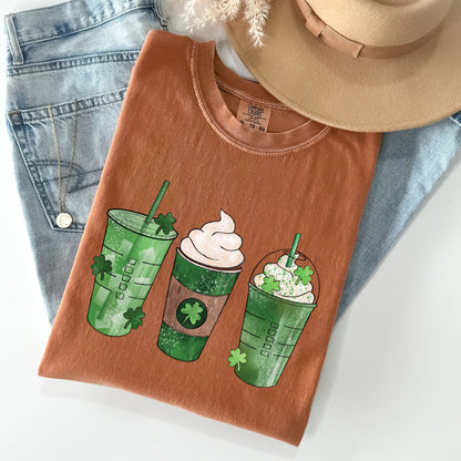 Iced Coffees, Drinks, Shamrocks, St Patrick's Day Comfort Colors Tshirt