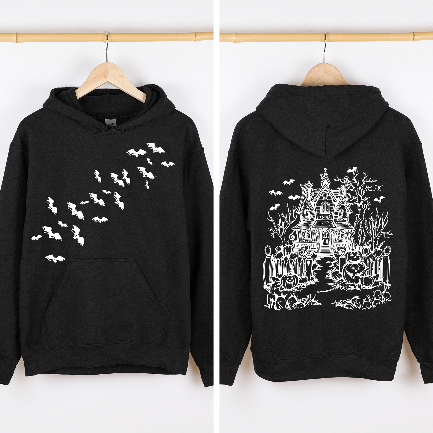 Haunted House, Front and Back, Halloween, Retro, Fall, Autumn, Bats, Witches, Skeleton, Jack-o-lanterns, Graphic Hoodie, Hooded Sweatshirt