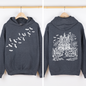 Haunted House, Front and Back, Halloween, Retro, Fall, Autumn, Bats, Witches, Skeleton, Jack-o-lanterns, Graphic Hoodie, Hooded Sweatshirt