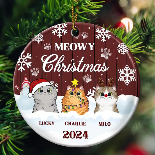 Meowy Christmas - Personalized Circle Ceramic Ornament - Christmas Gift for Cat Lovers, Pet Lovers, Cat Mom, Cat Dad