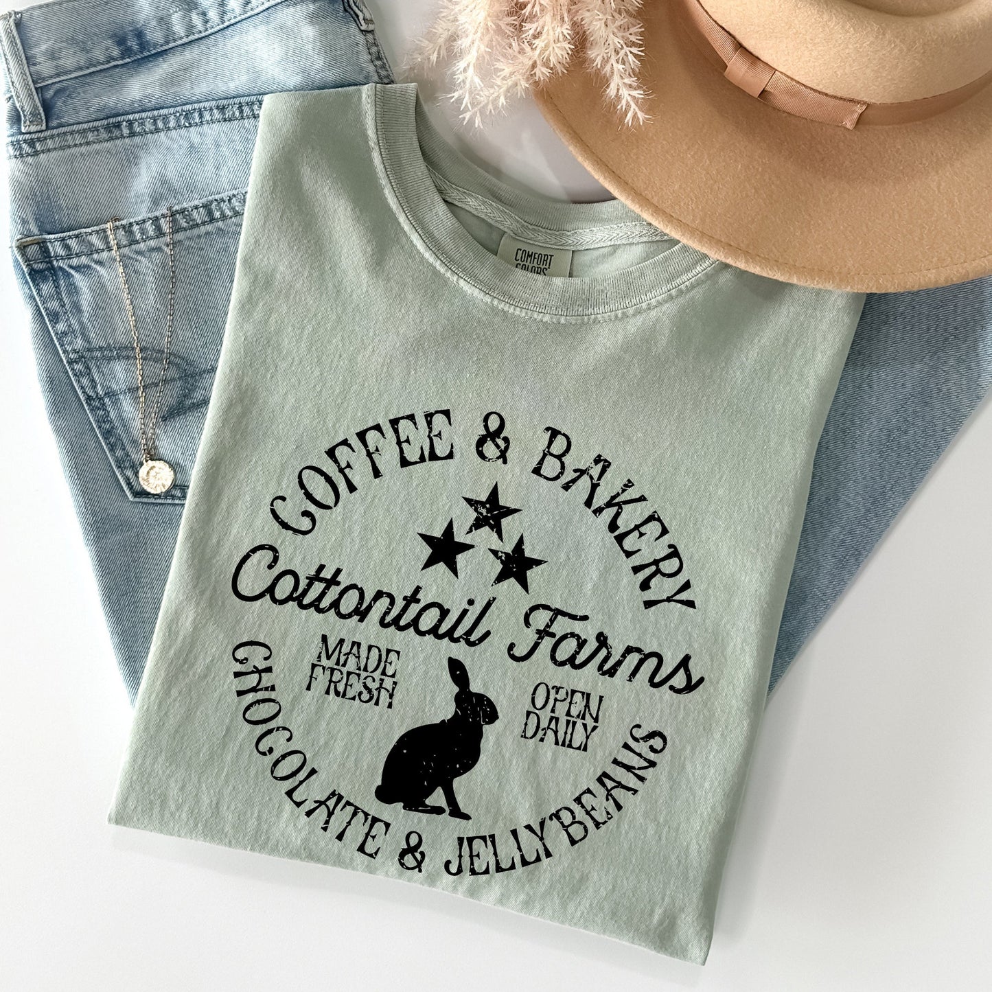 Cottontail Farms, Coffee and Bakery, Retro Sign, Easter Comfort Colors Tshirt