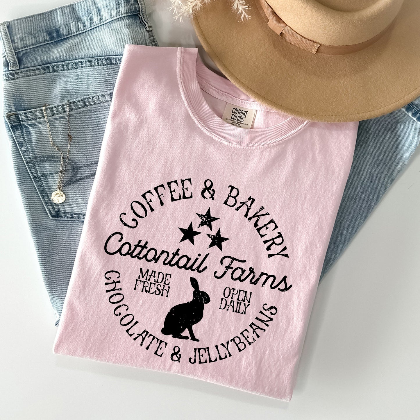 Cottontail Farms, Coffee and Bakery, Retro Sign, Easter Comfort Colors Tshirt