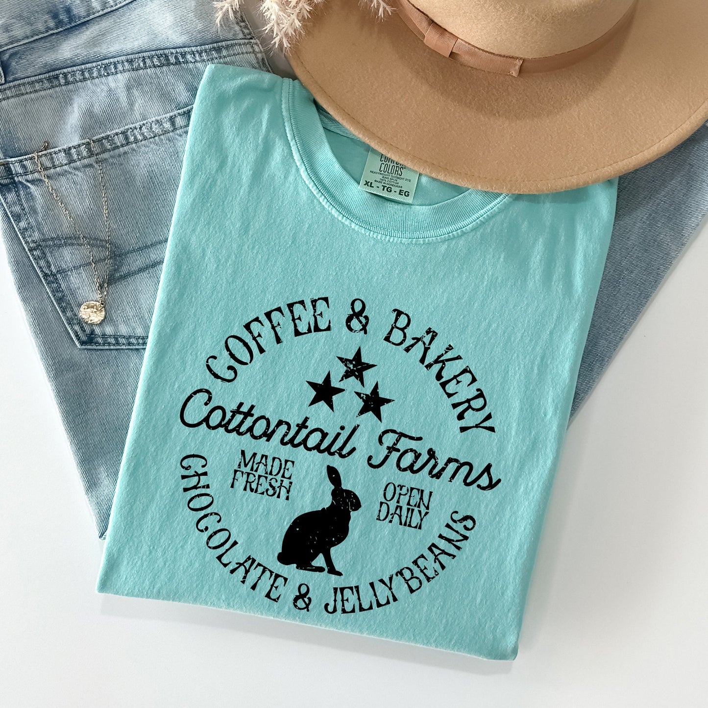 Cottontail Farms, Coffee and Bakery, Retro Sign, Easter Comfort Colors Tshirt