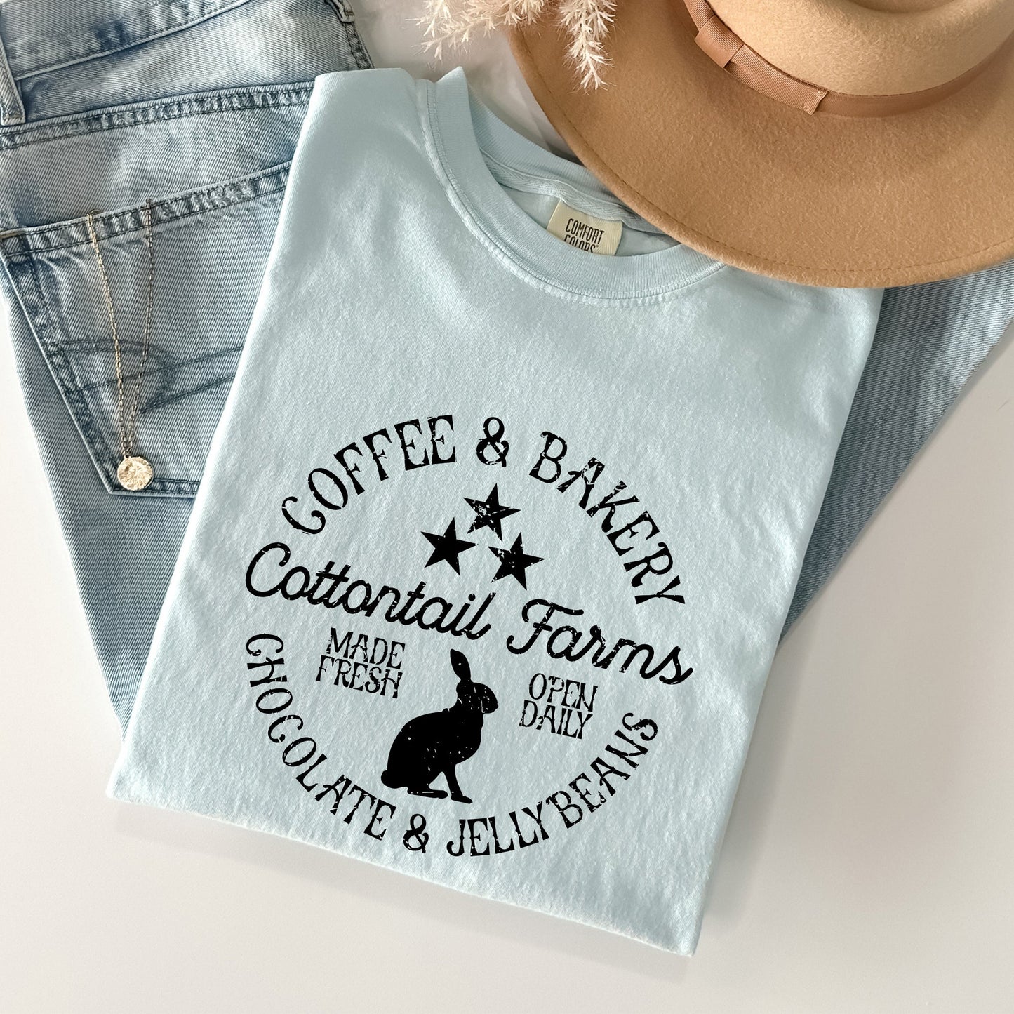 Cottontail Farms, Coffee and Bakery, Retro Sign, Easter Comfort Colors Tshirt