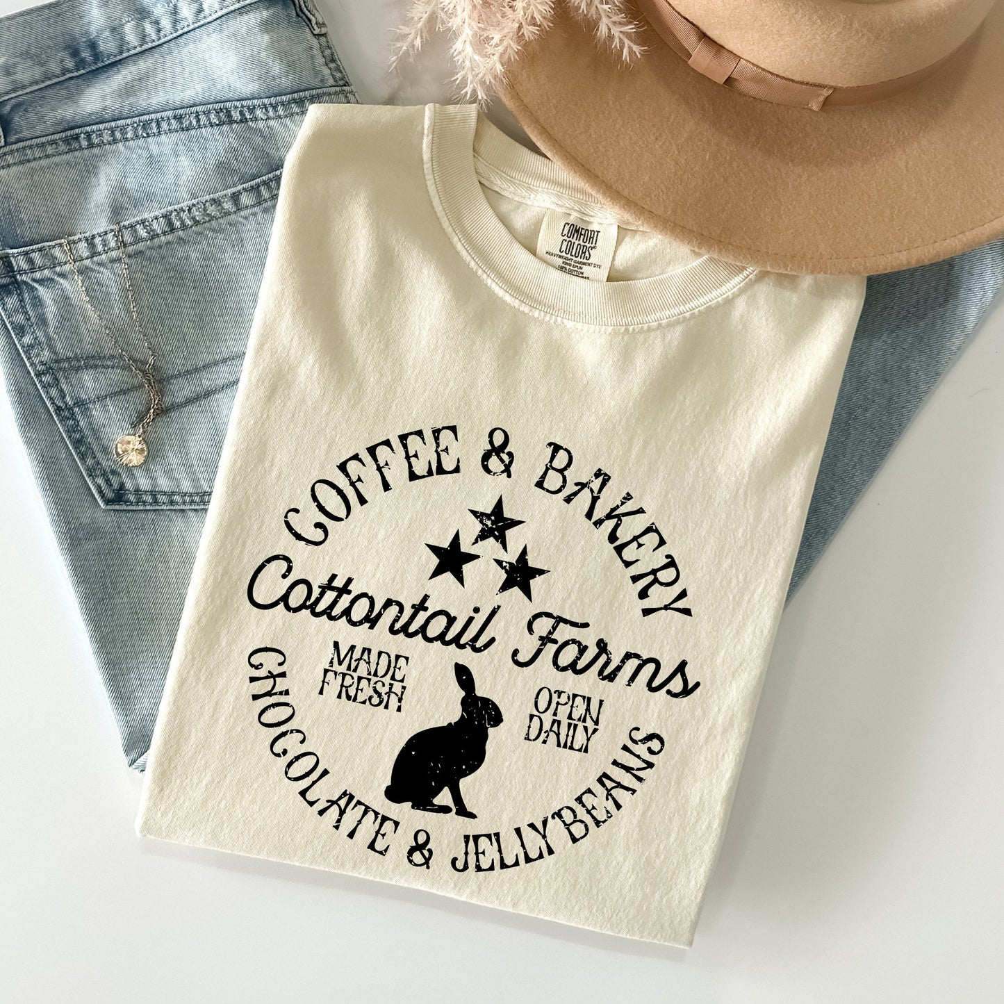 Cottontail Farms, Coffee and Bakery, Retro Sign, Easter Comfort Colors Tshirt
