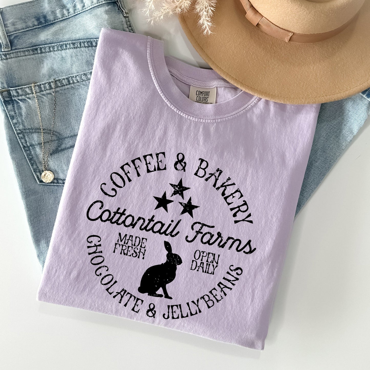 Cottontail Farms, Coffee and Bakery, Retro Sign, Easter Comfort Colors Tshirt