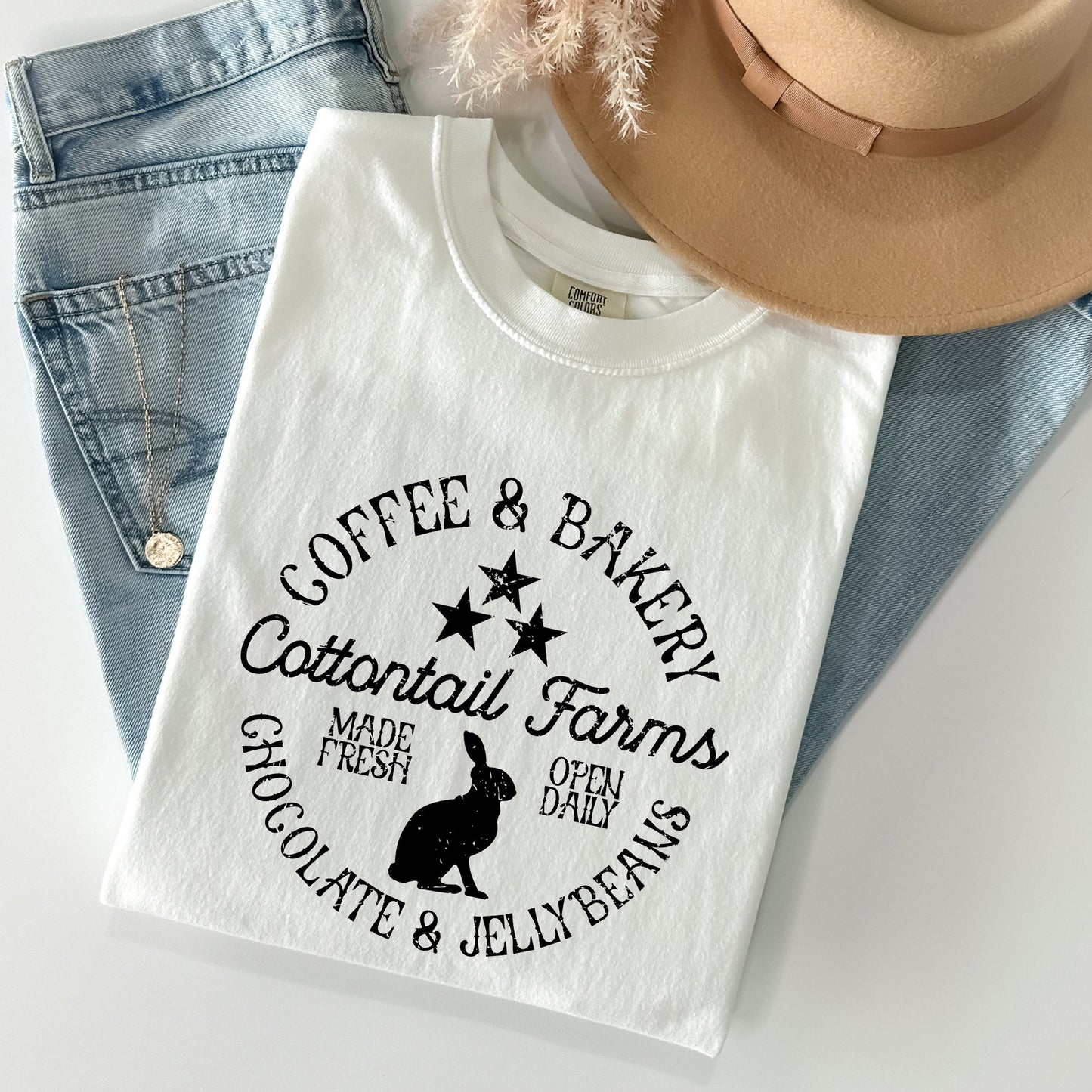 Cottontail Farms, Coffee and Bakery, Retro Sign, Easter Comfort Colors Tshirt