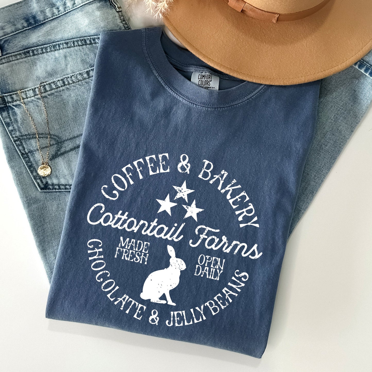 Cottontail Farms, Coffee and Bakery, Retro Sign, Easter Comfort Colors Tshirt