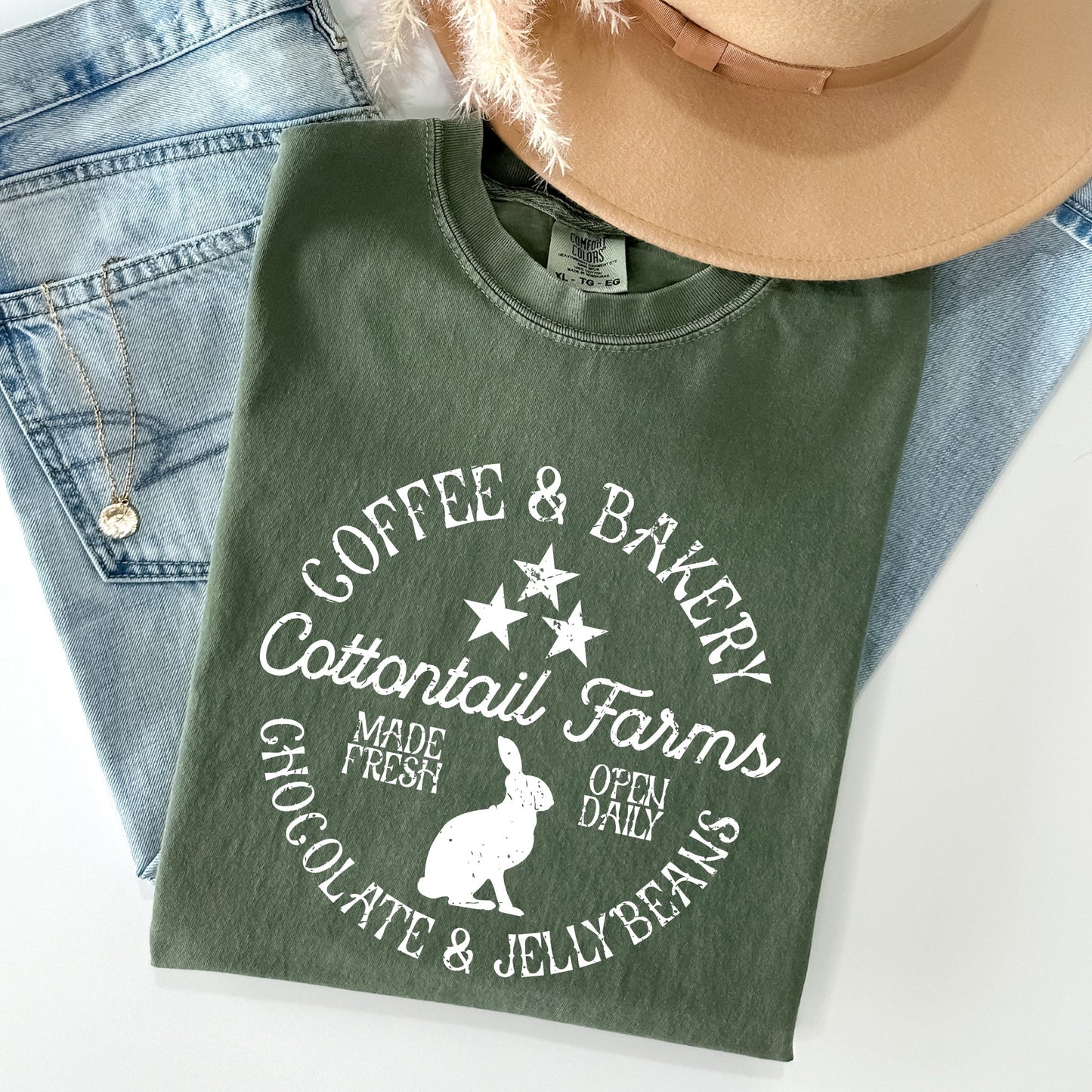 Cottontail Farms, Coffee and Bakery, Retro Sign, Easter Comfort Colors Tshirt