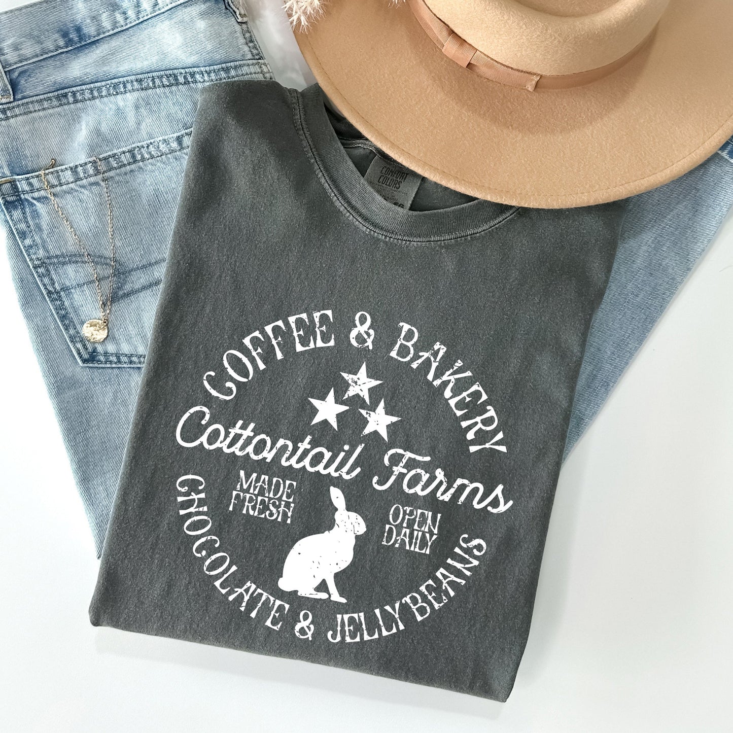 Cottontail Farms, Coffee and Bakery, Retro Sign, Easter Comfort Colors Tshirt