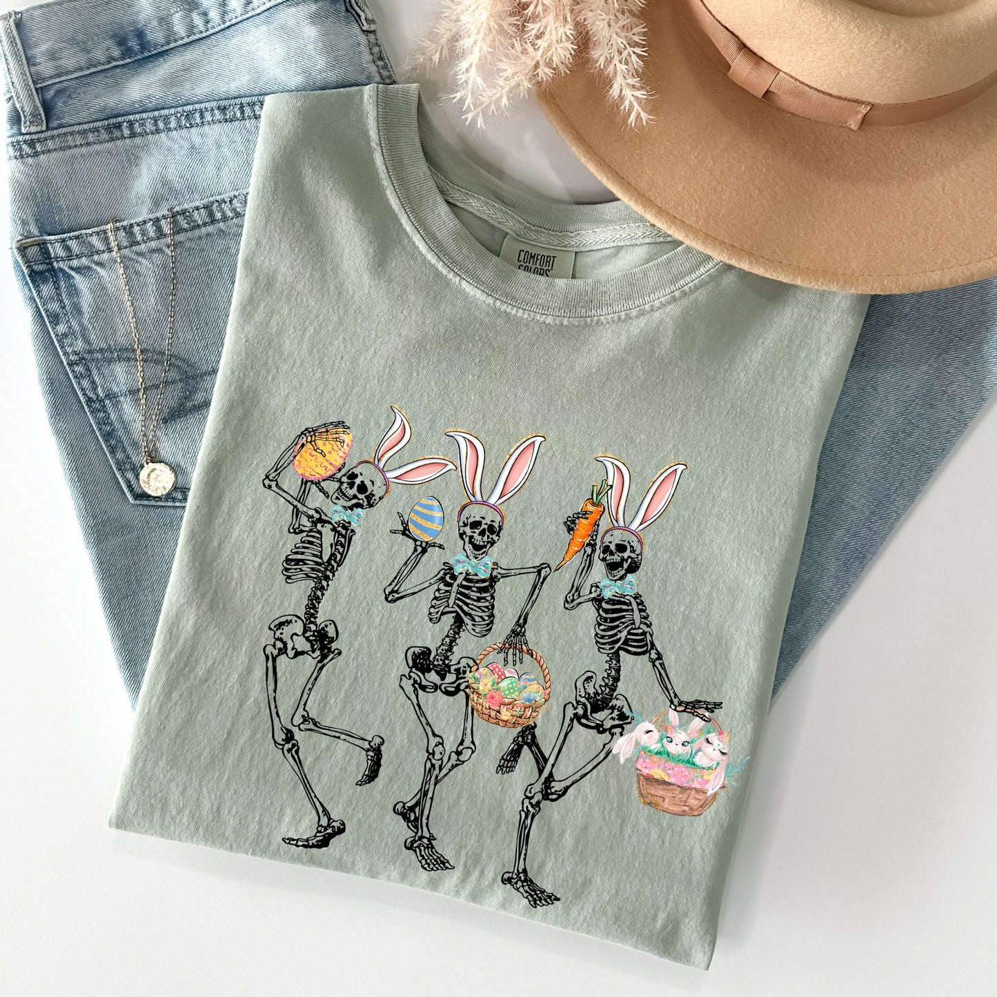 Dancing Easter Skeleton, Rabbit, Bunnies Comfort Colors Tshirt