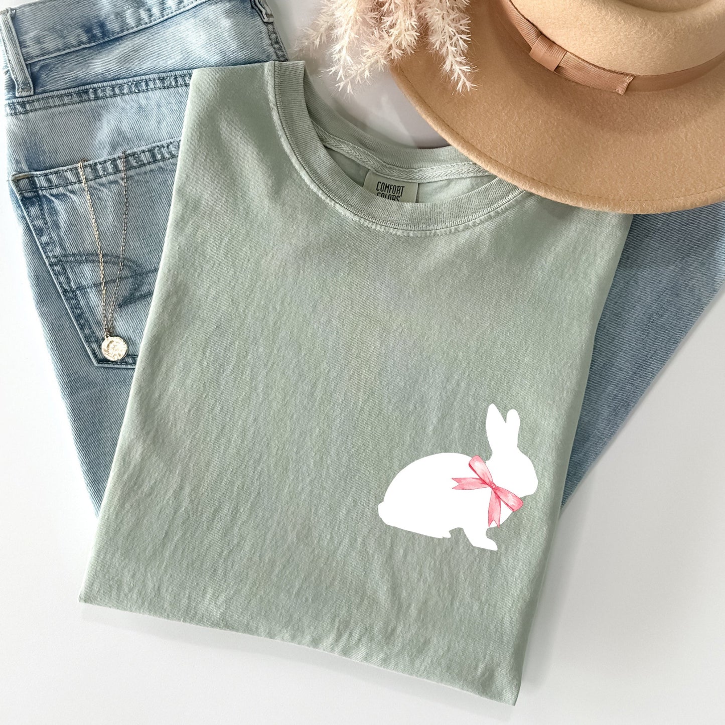 Bunny wearing a bow, pocket print, Easter Rabbit Comfort Colors Tshirt