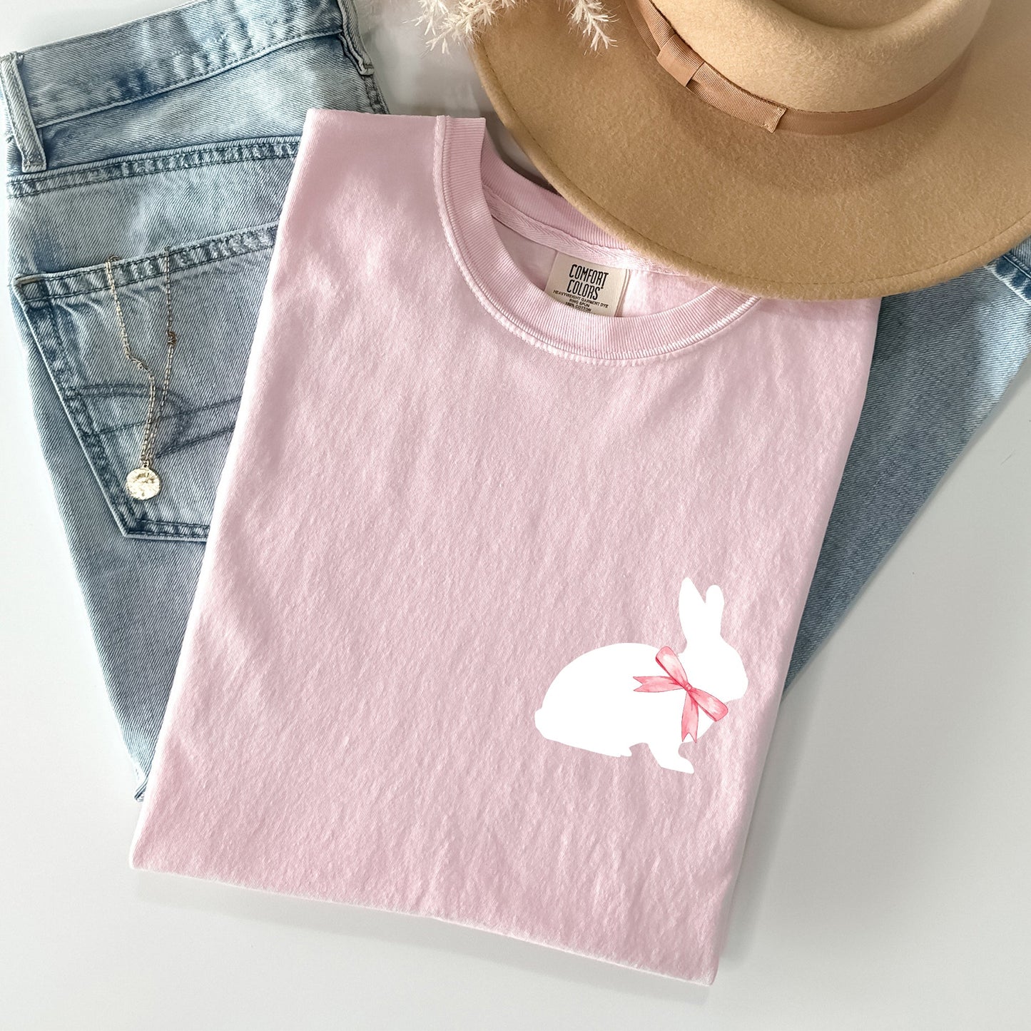 Bunny wearing a bow, pocket print, Easter Rabbit Comfort Colors Tshirt