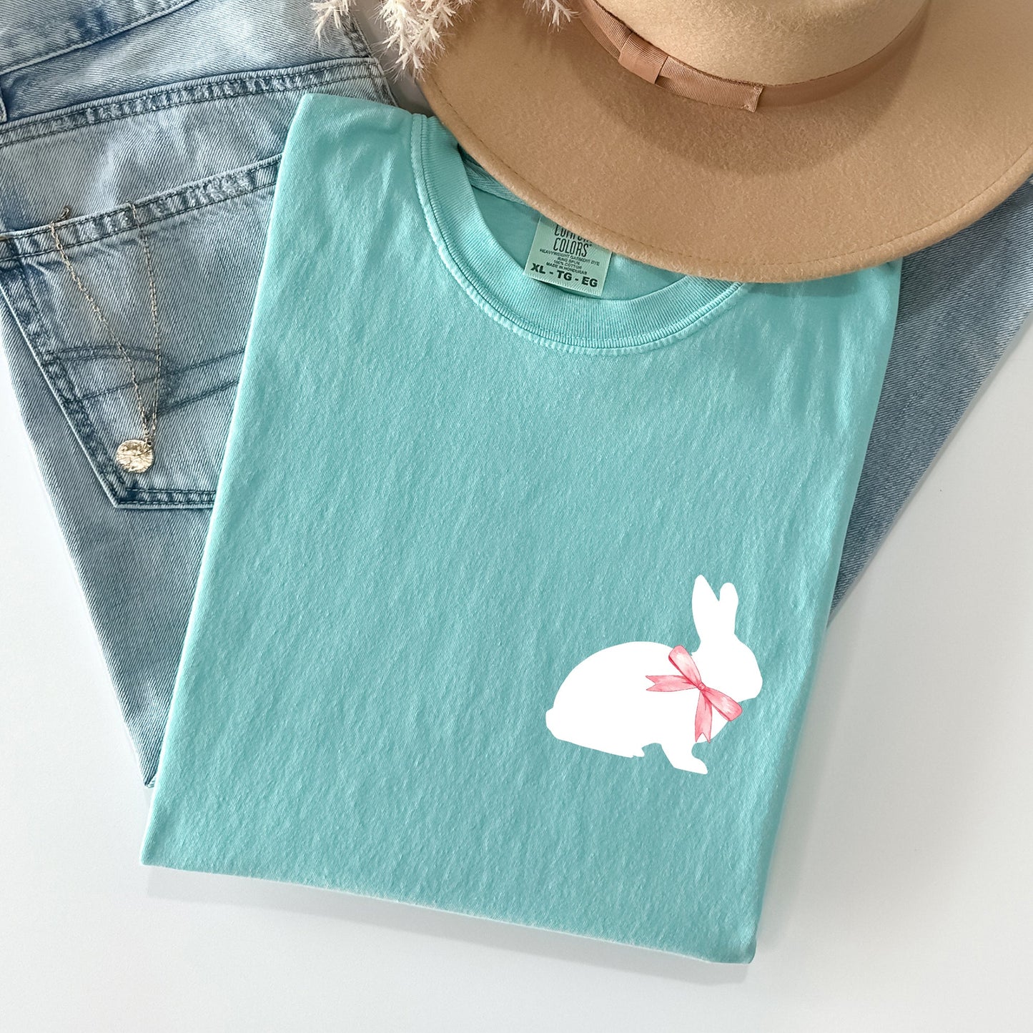 Bunny wearing a bow, pocket print, Easter Rabbit Comfort Colors Tshirt