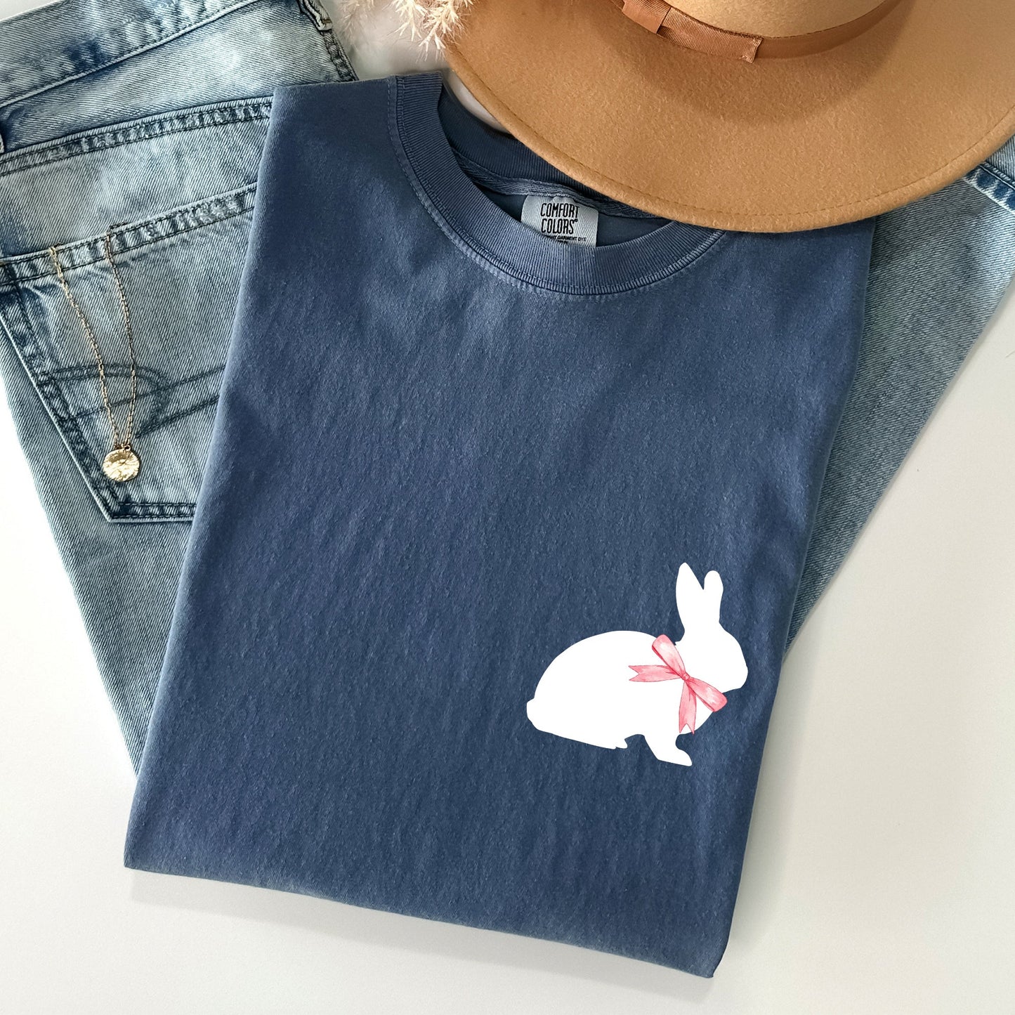 Bunny wearing a bow, pocket print, Easter Rabbit Comfort Colors Tshirt