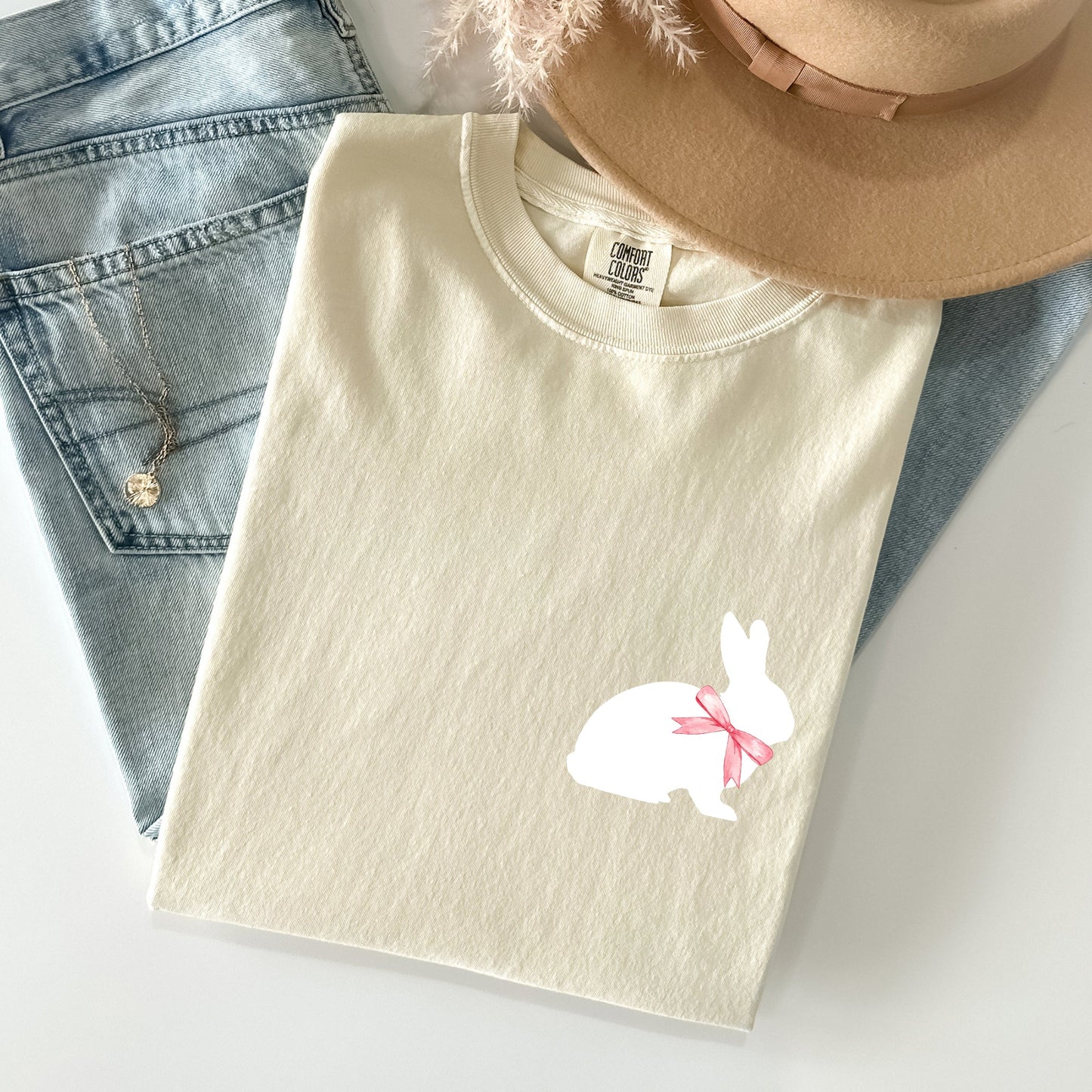 Bunny wearing a bow, pocket print, Easter Rabbit Comfort Colors Tshirt