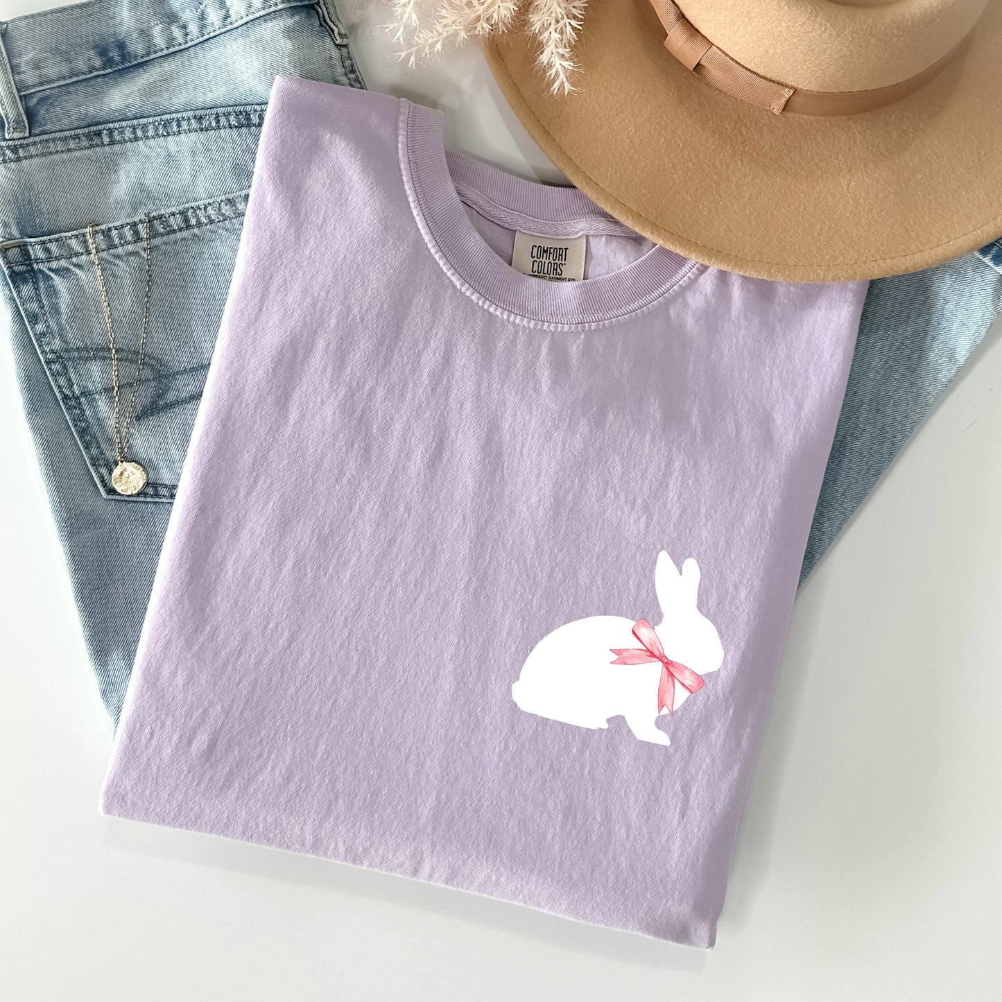 Bunny wearing a bow, pocket print, Easter Rabbit Comfort Colors Tshirt
