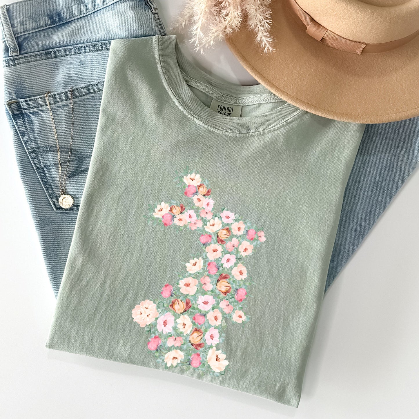 Floral Print Rabbit, Bunny, Easter Comfort Colors Tshirt