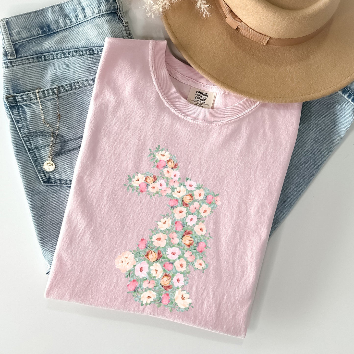 Floral Print Rabbit, Bunny, Easter Comfort Colors Tshirt