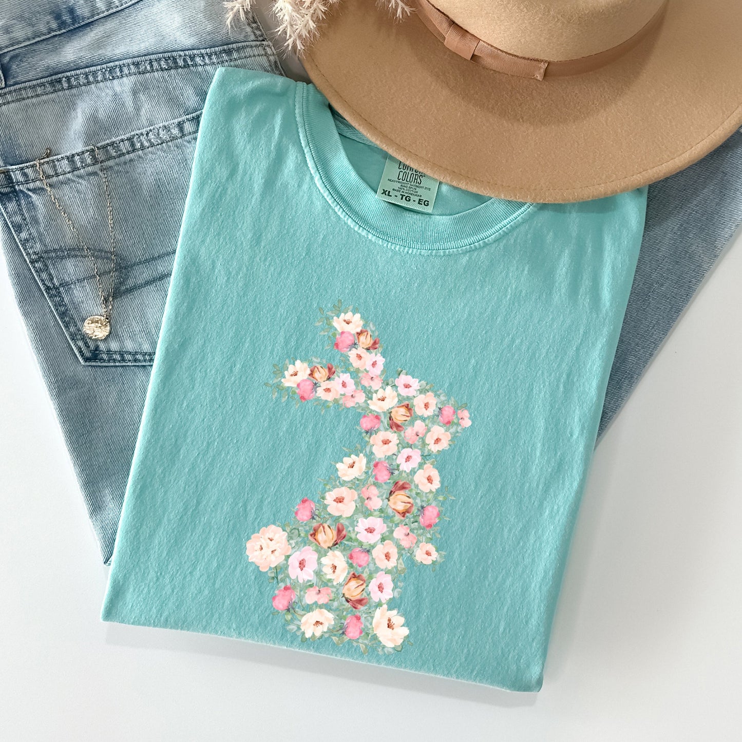 Floral Print Rabbit, Bunny, Easter Comfort Colors Tshirt