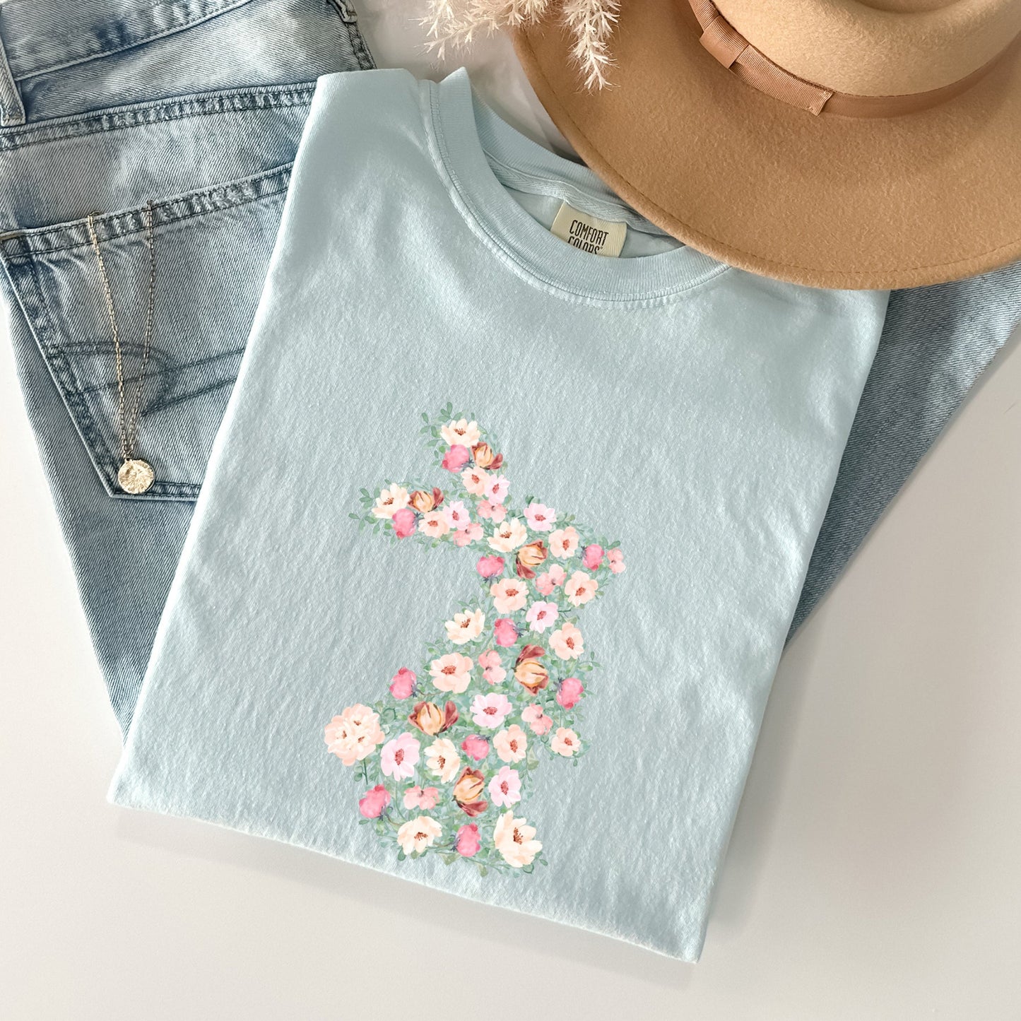 Floral Print Rabbit, Bunny, Easter Comfort Colors Tshirt