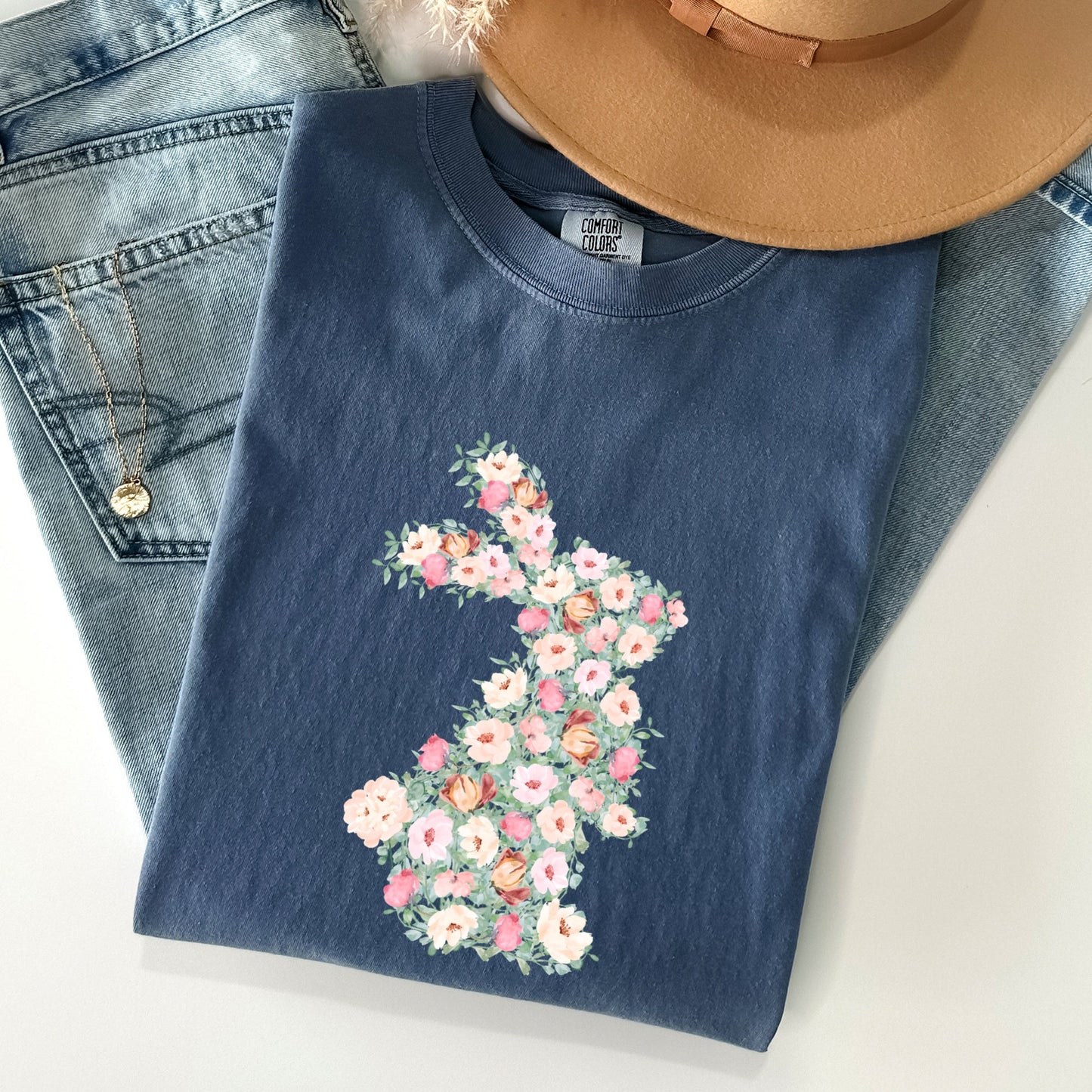 Floral Print Rabbit, Bunny, Easter Comfort Colors Tshirt