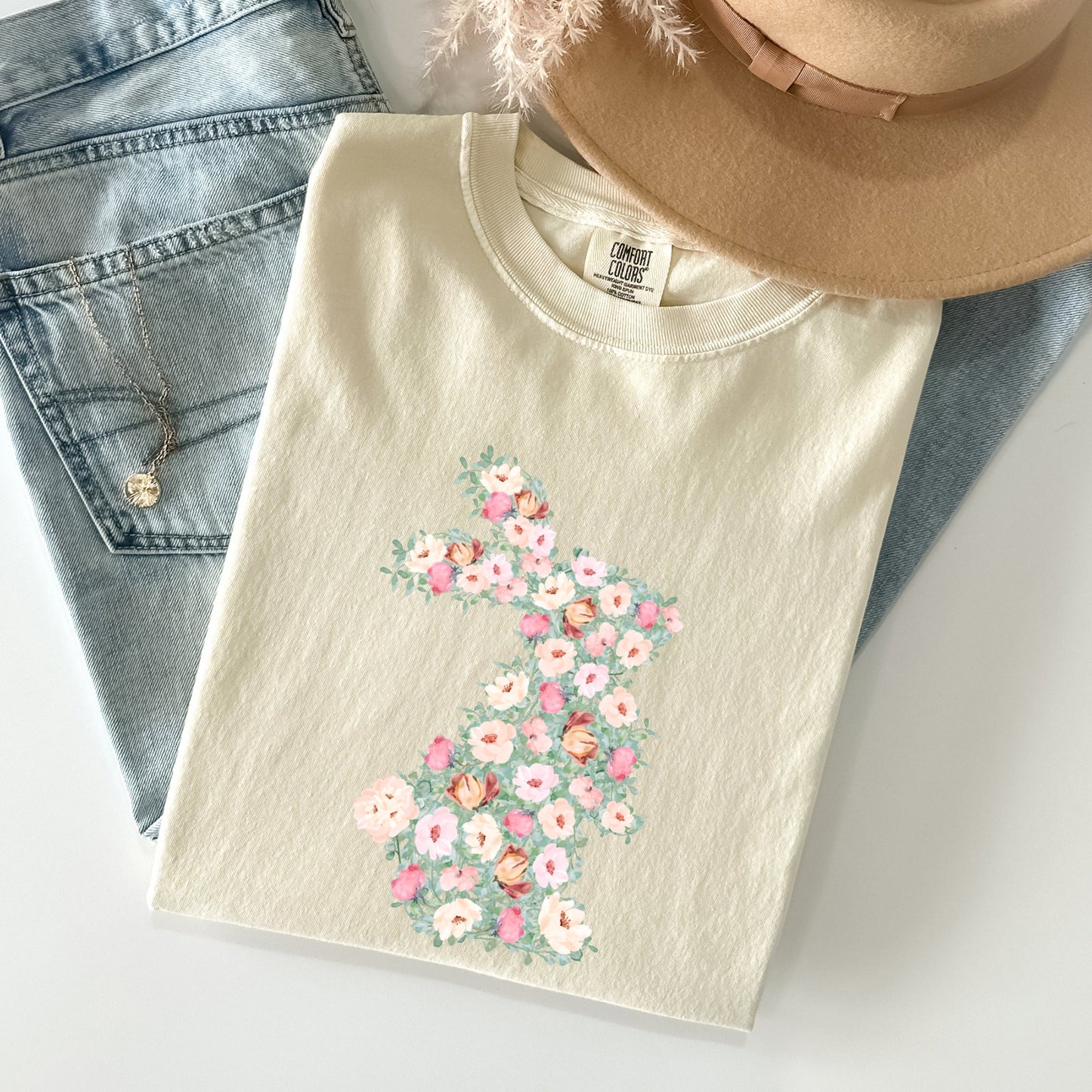 Floral Print Rabbit, Bunny, Easter Comfort Colors Tshirt