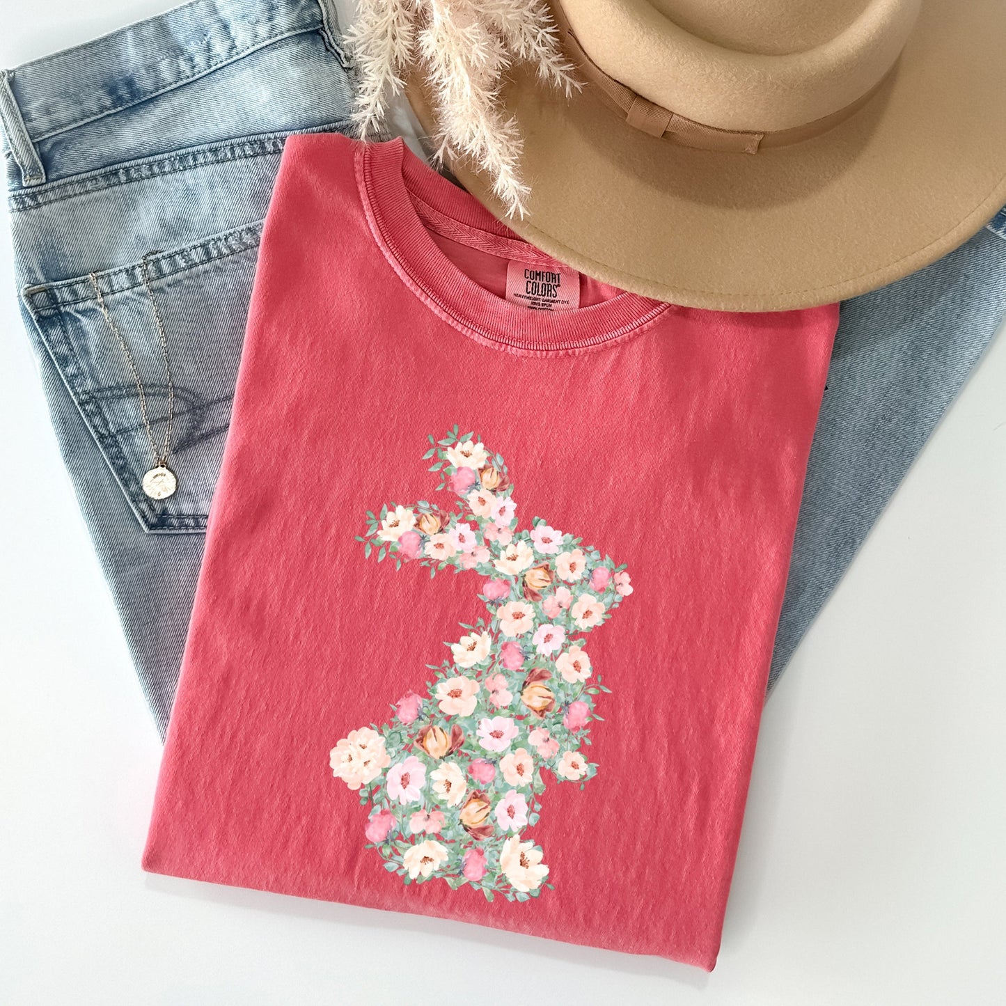 Floral Print Rabbit, Bunny, Easter Comfort Colors Tshirt
