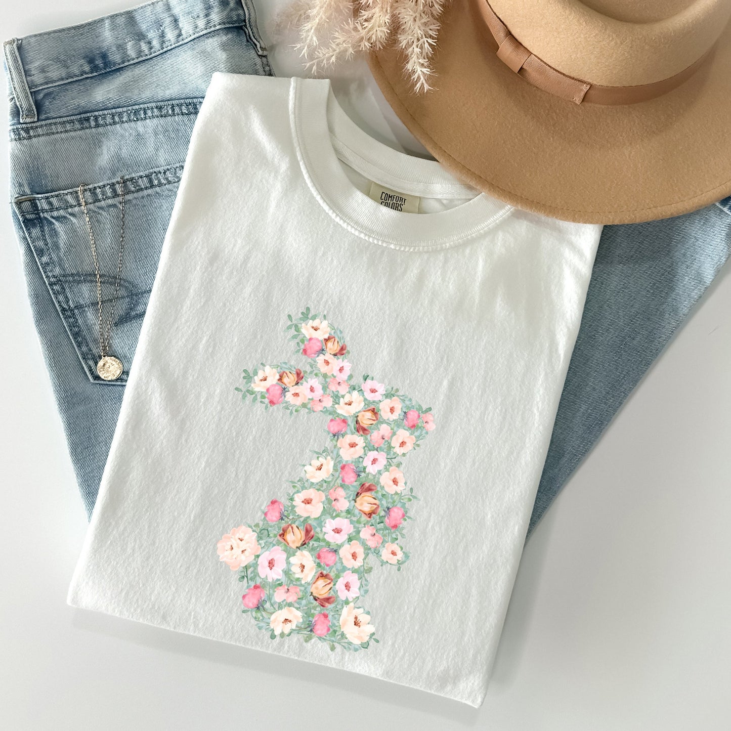 Floral Print Rabbit, Bunny, Easter Comfort Colors Tshirt