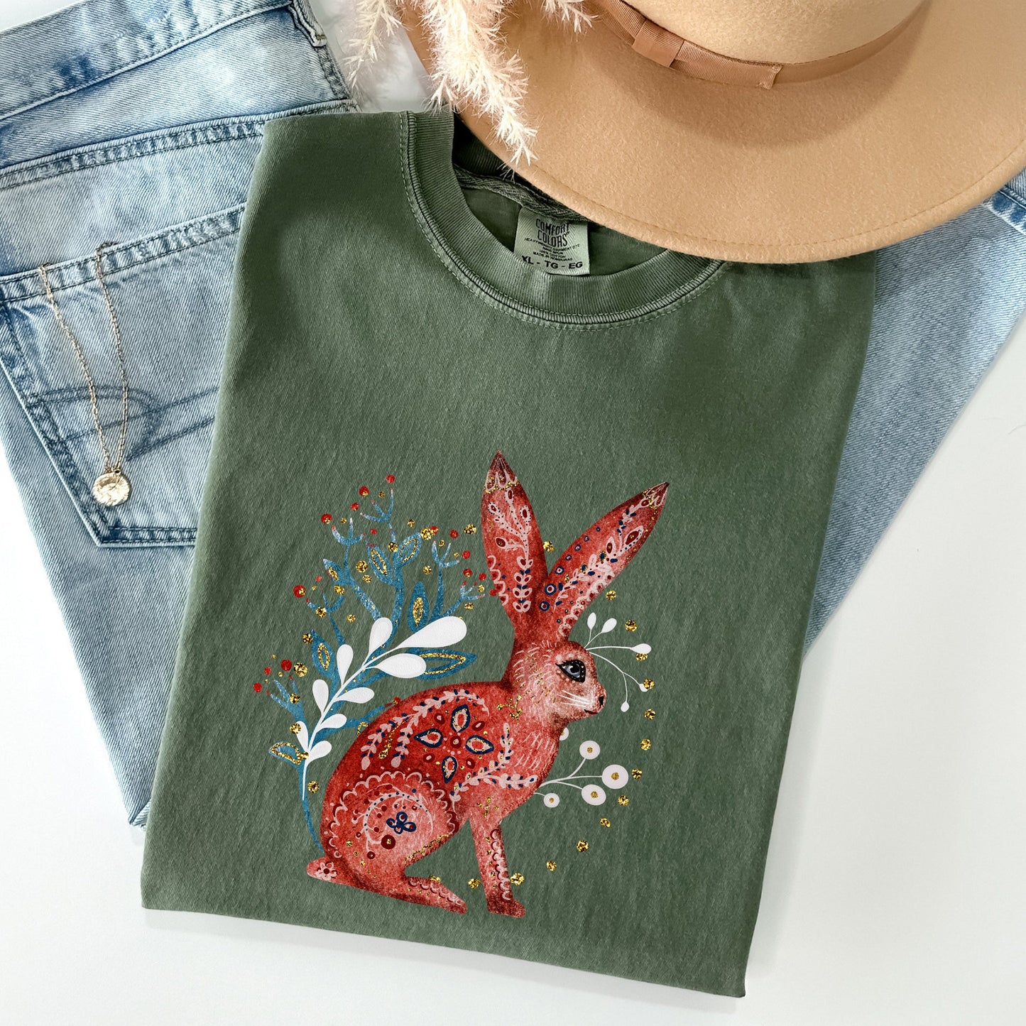 Folk Art Rabbit, Easter, Scandinavian Comfort Colors Tshirt