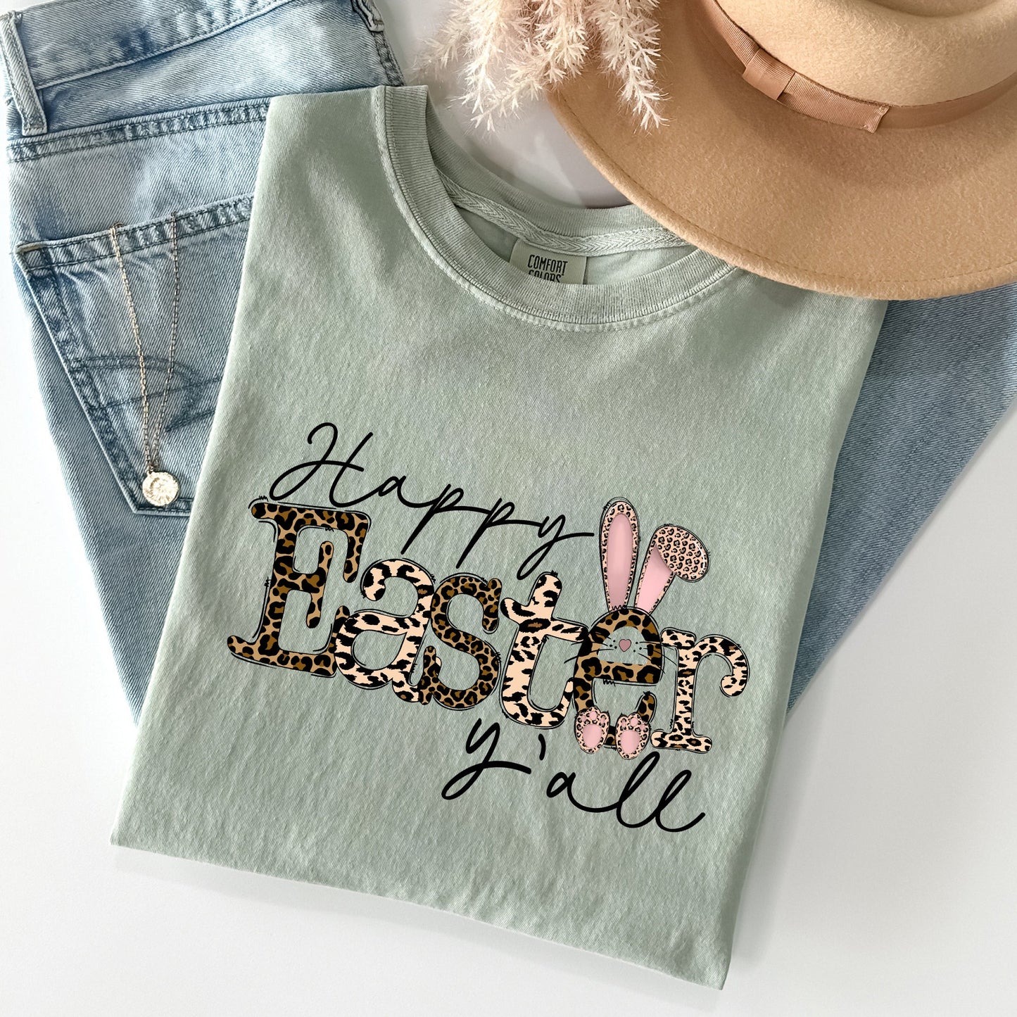 Happy Easter Y'all, Leopard Print, Rabbit Comfort Colors Tshirt