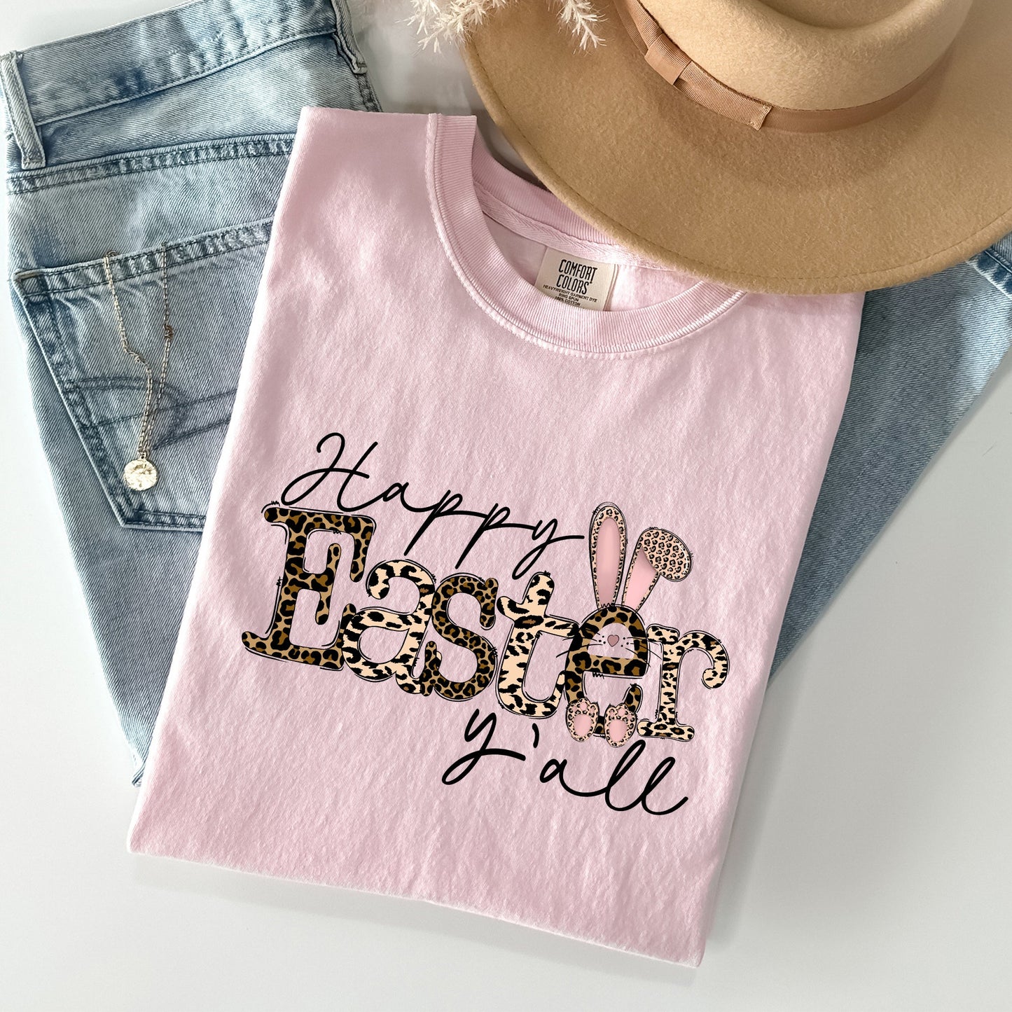 Happy Easter Y'all, Leopard Print, Rabbit Comfort Colors Tshirt