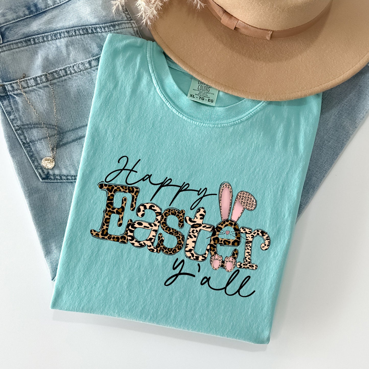 Happy Easter Y'all, Leopard Print, Rabbit Comfort Colors Tshirt