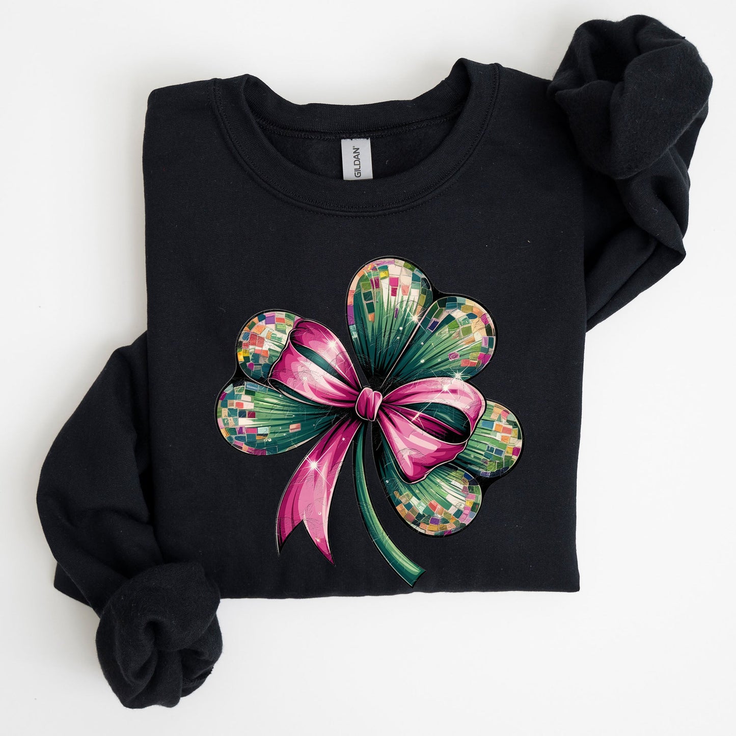 Coquette, Disco Ball, Bow, Shamrock, Clover, Irish, Lucky, Lucky Charm, St Patrick's Day Sweatshirt