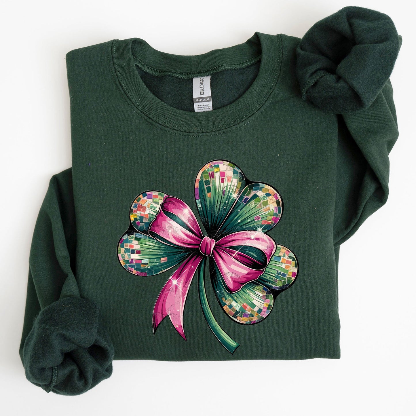Coquette, Disco Ball, Bow, Shamrock, Clover, Irish, Lucky, Lucky Charm, St Patrick's Day Sweatshirt