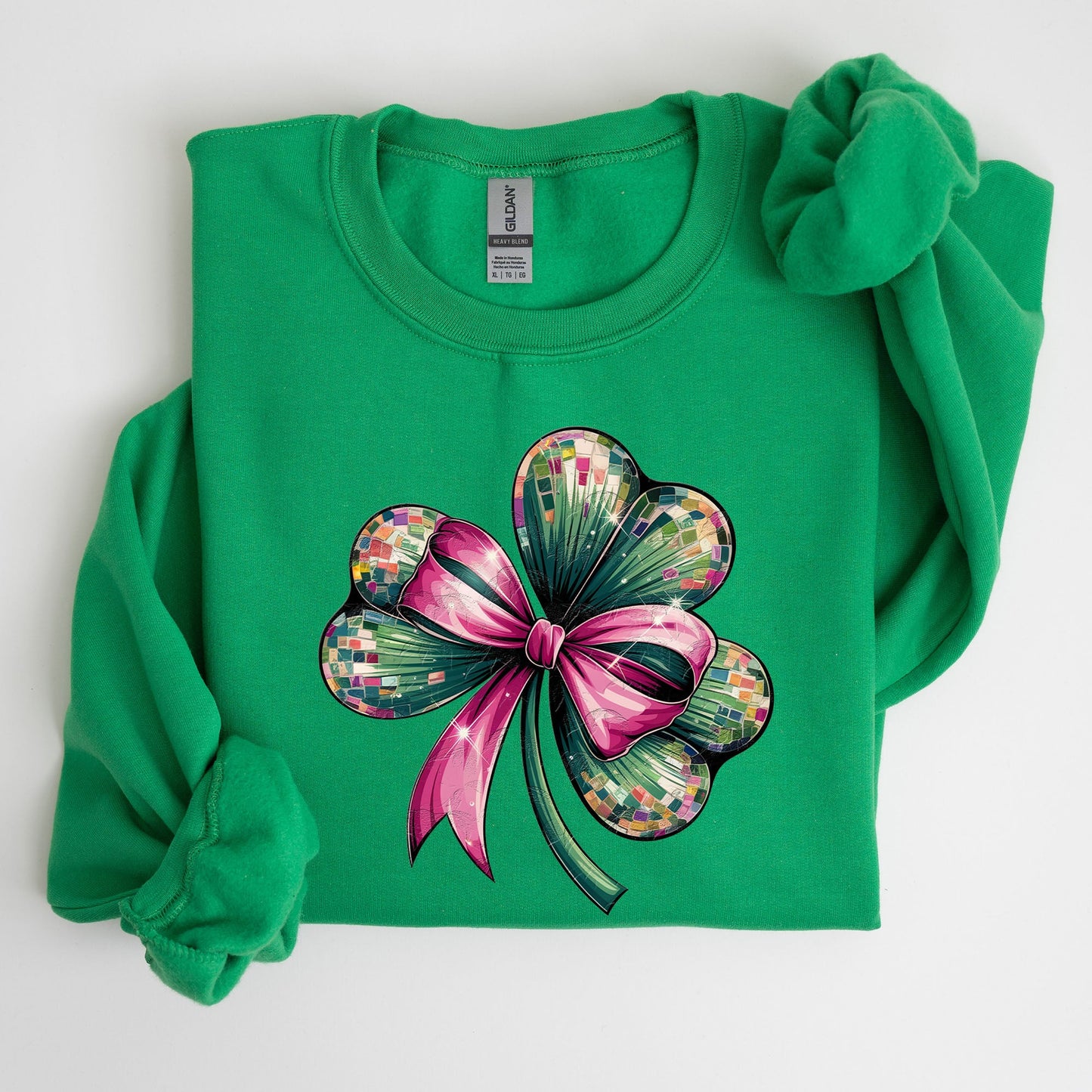 Coquette, Disco Ball, Bow, Shamrock, Clover, Irish, Lucky, Lucky Charm, St Patrick's Day Sweatshirt