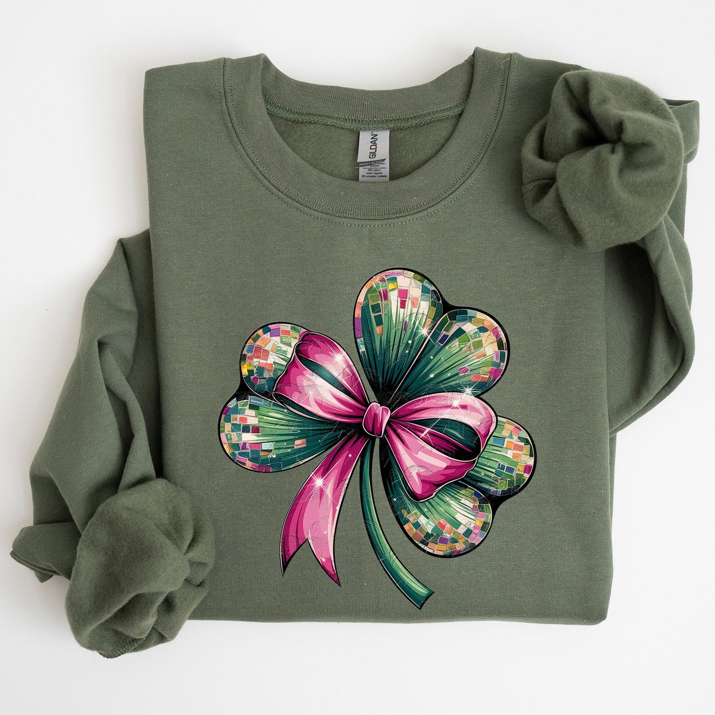 Coquette, Disco Ball, Bow, Shamrock, Clover, Irish, Lucky, Lucky Charm, St Patrick's Day Sweatshirt