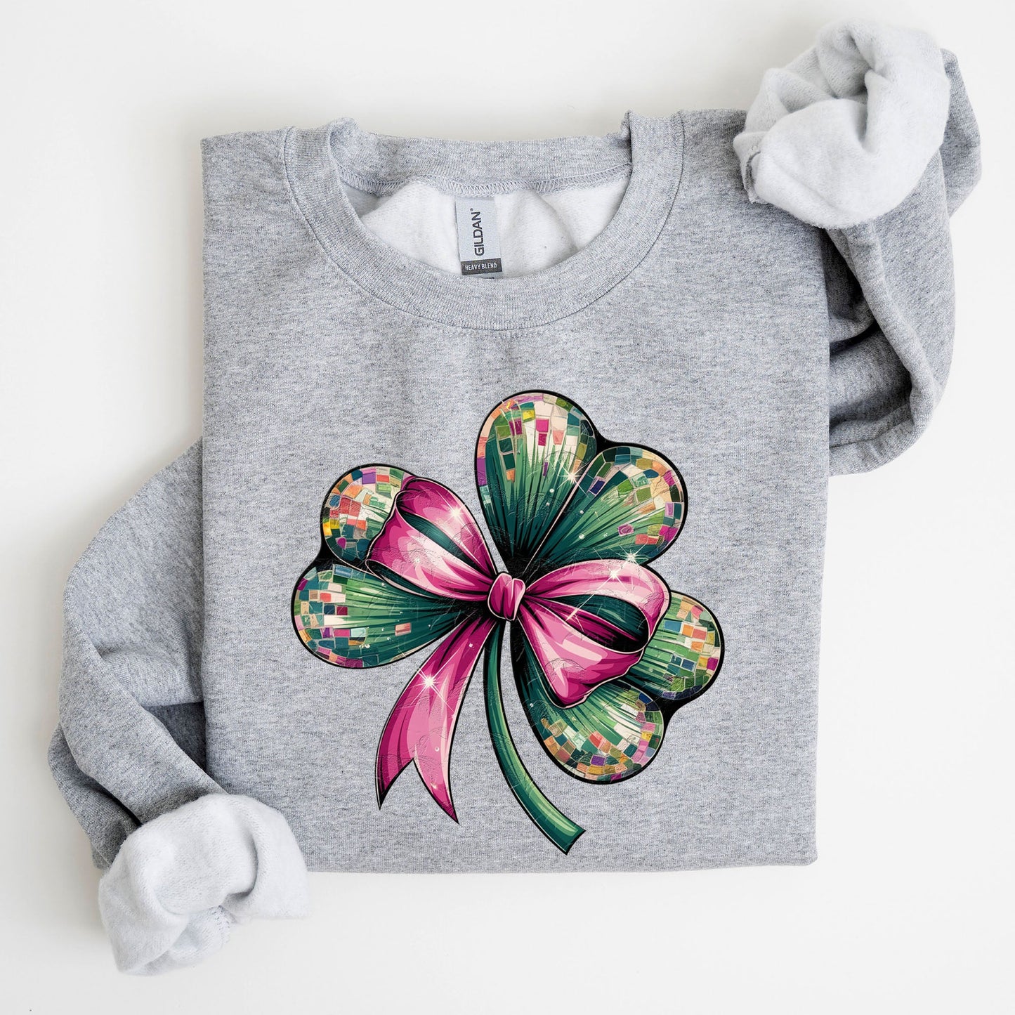 Coquette, Disco Ball, Bow, Shamrock, Clover, Irish, Lucky, Lucky Charm, St Patrick's Day Sweatshirt