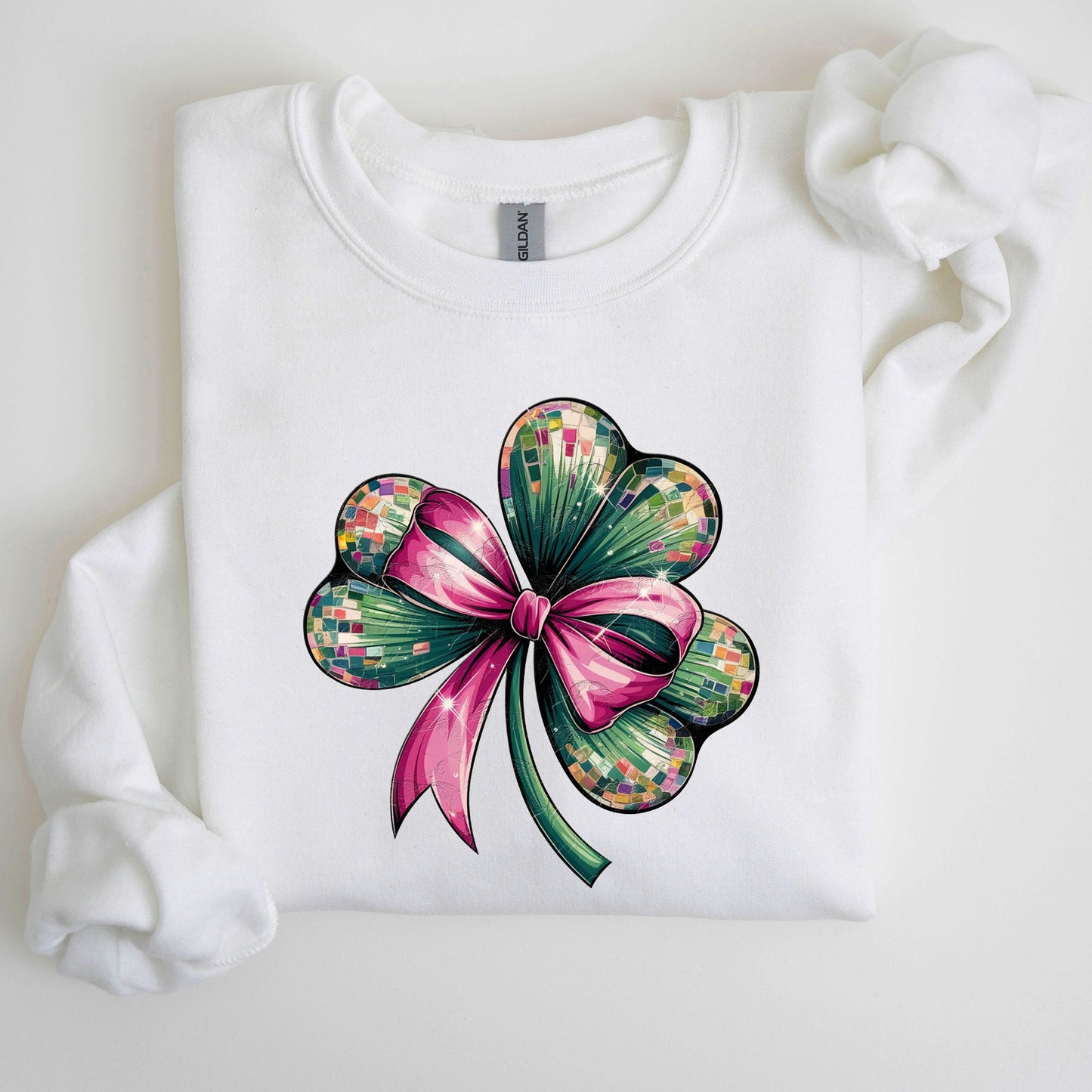 Coquette, Disco Ball, Bow, Shamrock, Clover, Irish, Lucky, Lucky Charm, St Patrick's Day Sweatshirt
