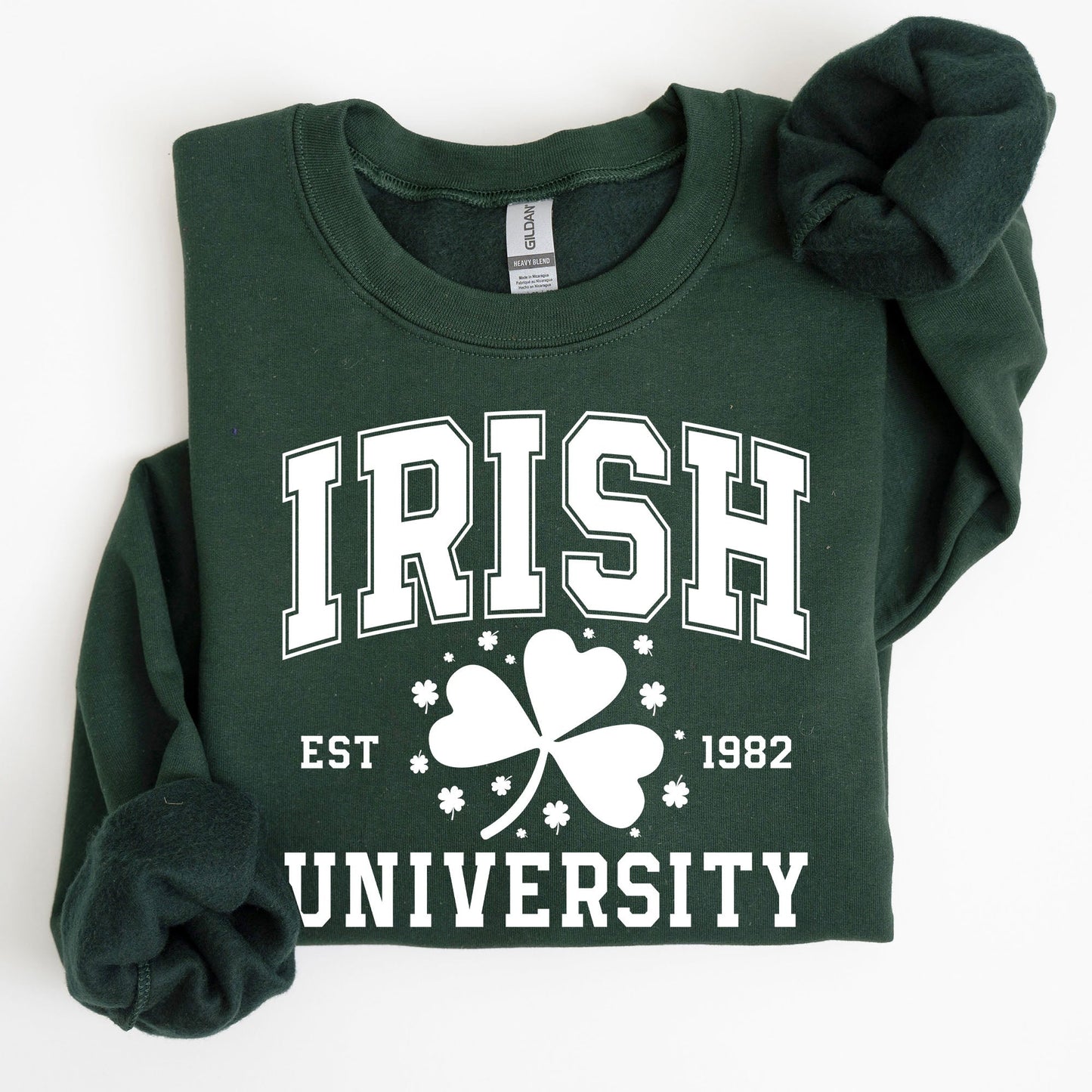 Irish University, Lucky, St. Paddy's Day, Coquette, Bow, Clover, Shamrock, Irish, Lucky Charm, St Patrick's Day Sweatshirt