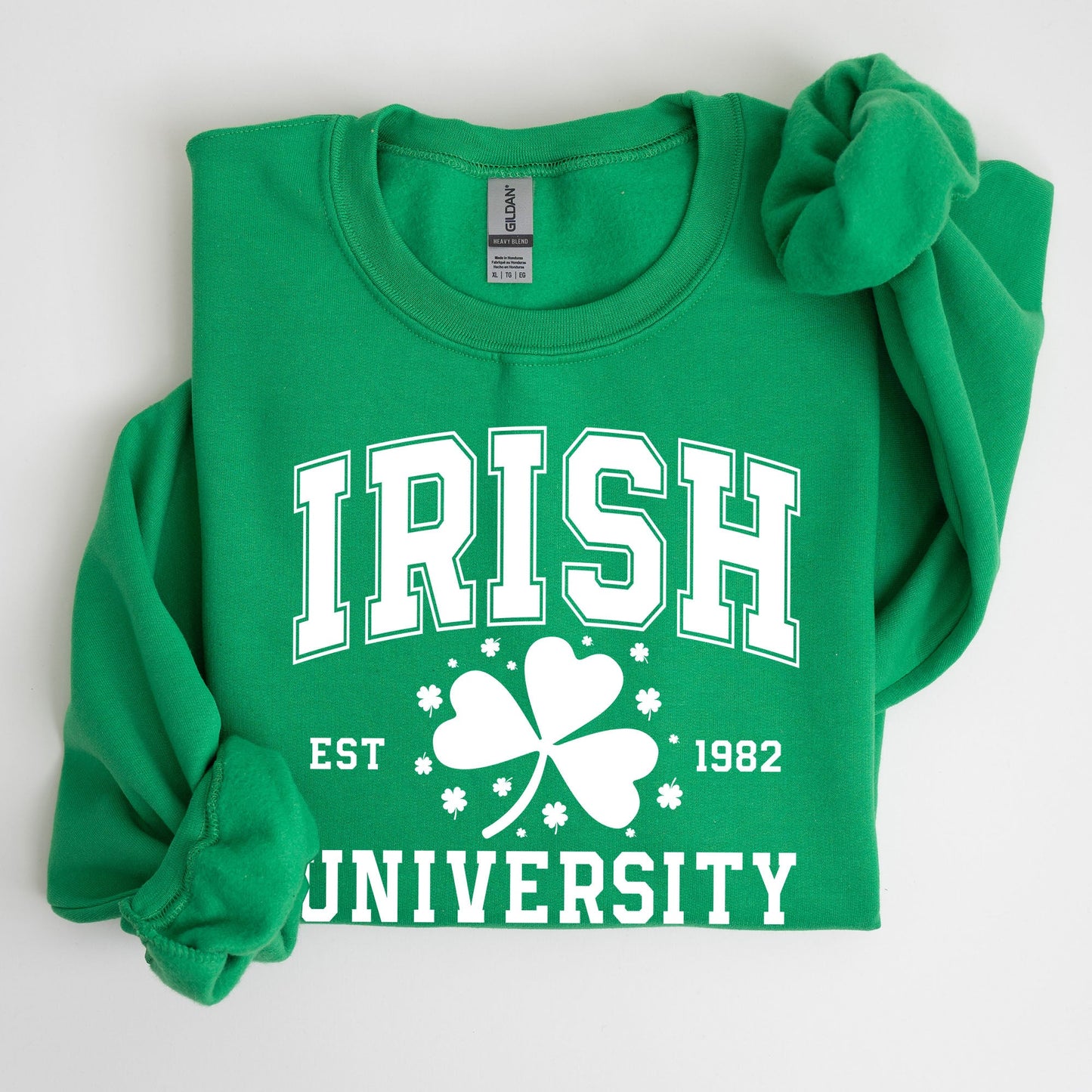Irish University, Lucky, St. Paddy's Day, Coquette, Bow, Clover, Shamrock, Irish, Lucky Charm, St Patrick's Day Sweatshirt