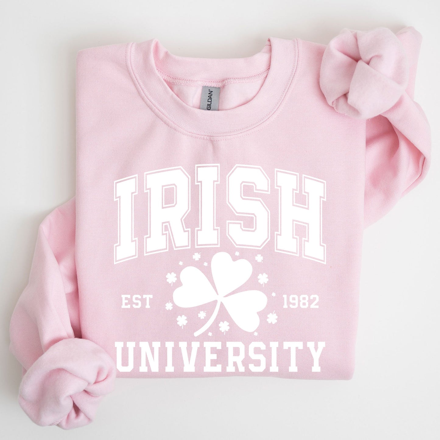 Irish University, Lucky, St. Paddy's Day, Coquette, Bow, Clover, Shamrock, Irish, Lucky Charm, St Patrick's Day Sweatshirt