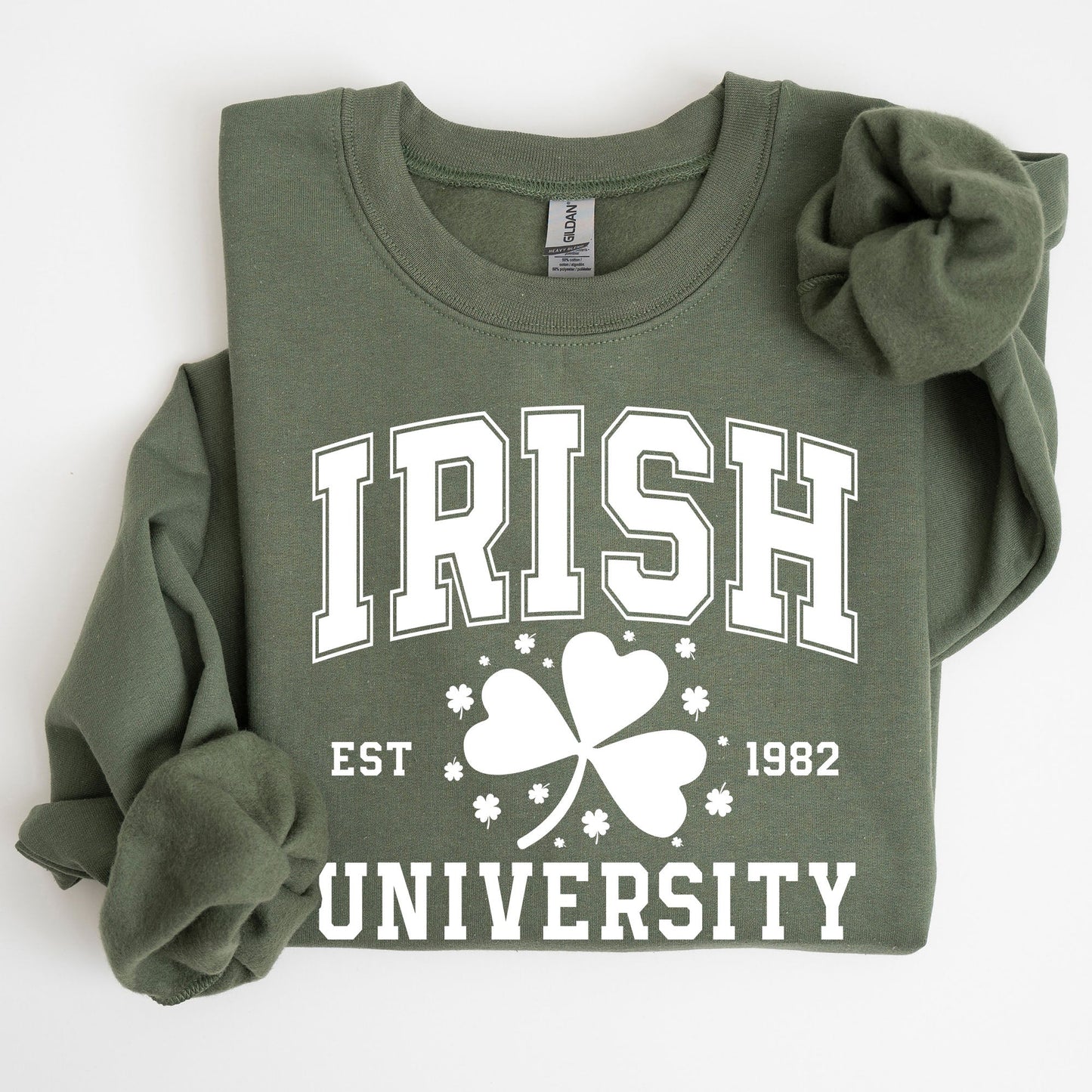 Irish University, Lucky, St. Paddy's Day, Coquette, Bow, Clover, Shamrock, Irish, Lucky Charm, St Patrick's Day Sweatshirt
