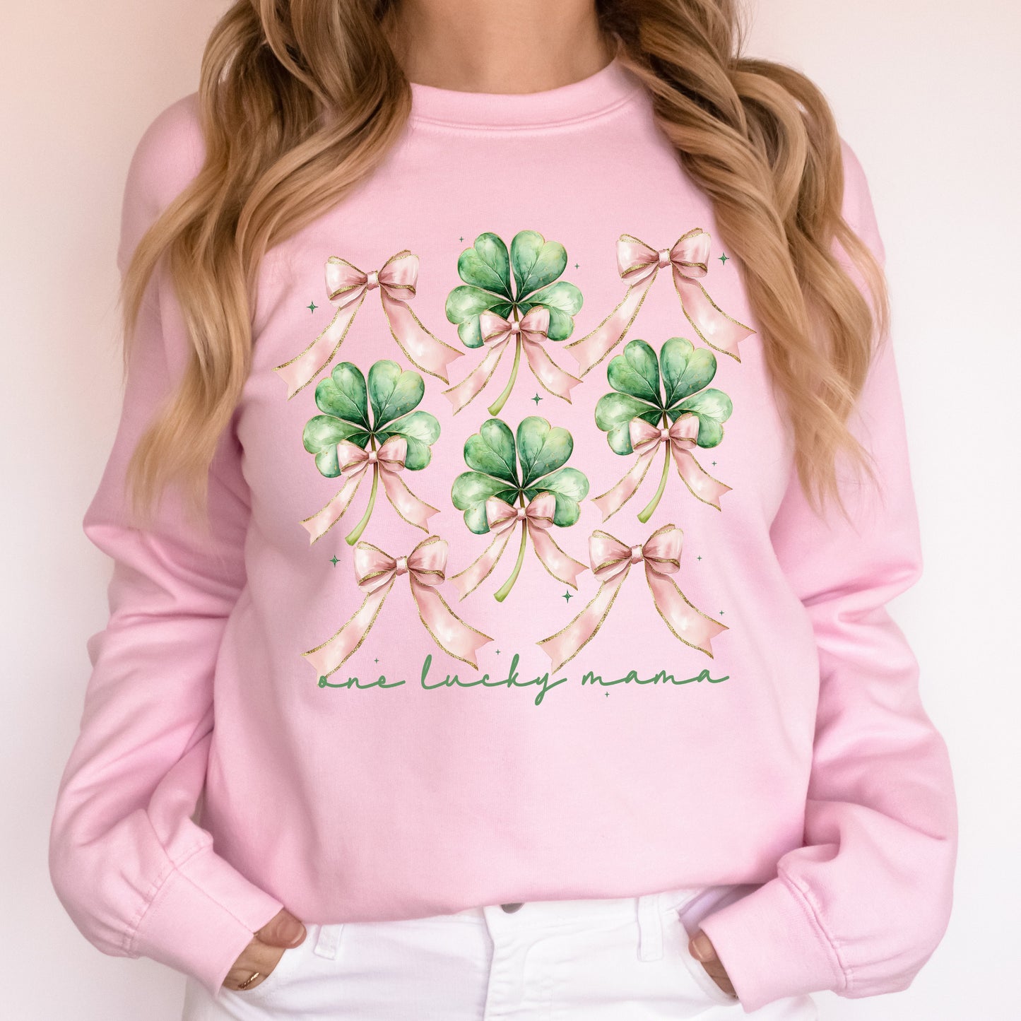 One Lucky Mama, St. Paddy's Day, Coquette, Bow, Clover, Shamrock, Lucky, Irish, Lucky Charm, St Patrick's Day Sweatshirt