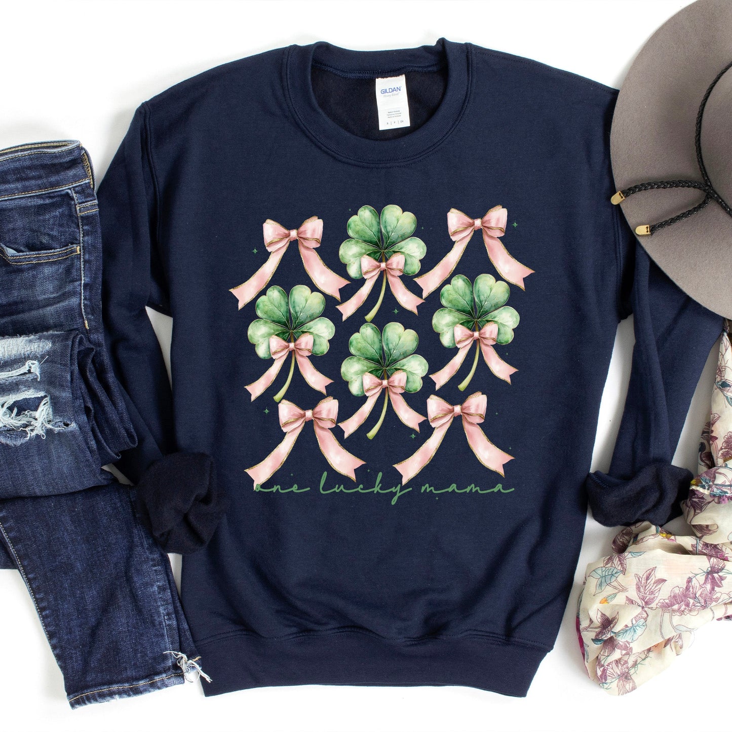 One Lucky Mama, St. Paddy's Day, Coquette, Bow, Clover, Shamrock, Lucky, Irish, Lucky Charm, St Patrick's Day Sweatshirt