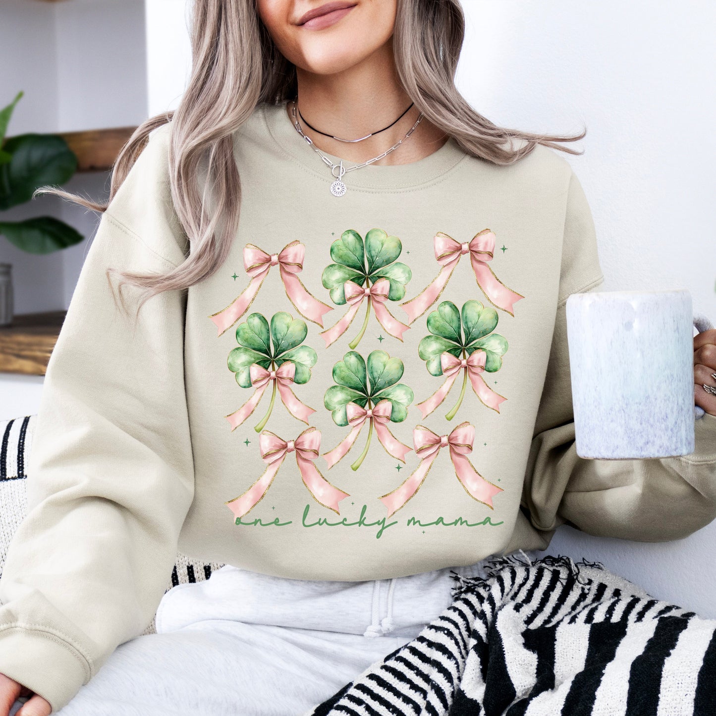 One Lucky Mama, St. Paddy's Day, Coquette, Bow, Clover, Shamrock, Lucky, Irish, Lucky Charm, St Patrick's Day Sweatshirt