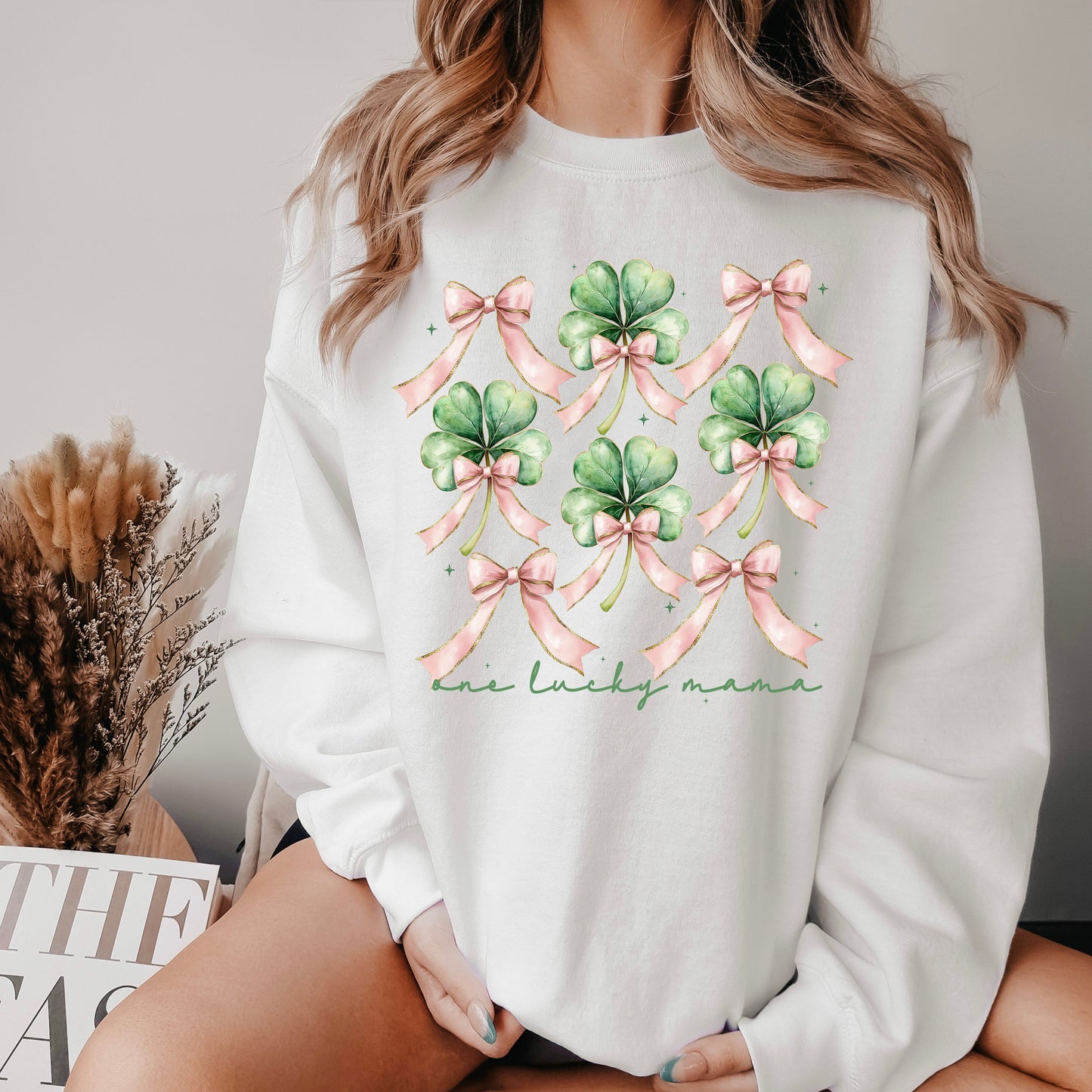 One Lucky Mama, St. Paddy's Day, Coquette, Bow, Clover, Shamrock, Lucky, Irish, Lucky Charm, St Patrick's Day Sweatshirt